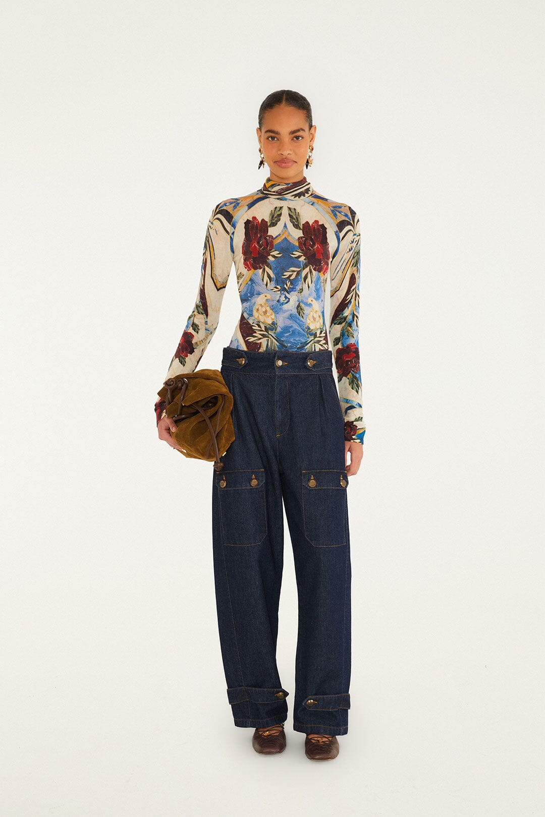 FARM Rio model wearing the Pietra Dura Tapestry Knit Layer Top