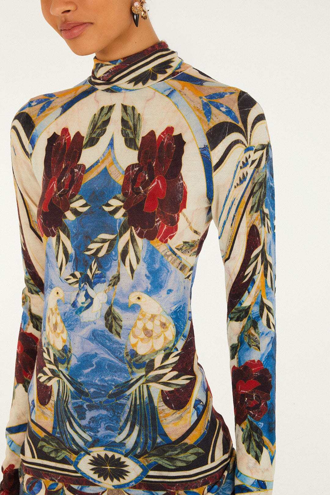 FARM Rio model wearing the Pietra Dura Tapestry Knit Layer Top