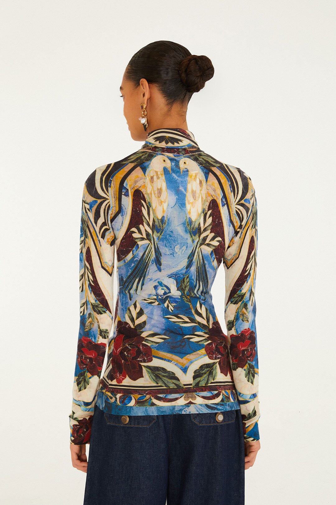 FARM Rio model wearing the Pietra Dura Tapestry Knit Layer Top