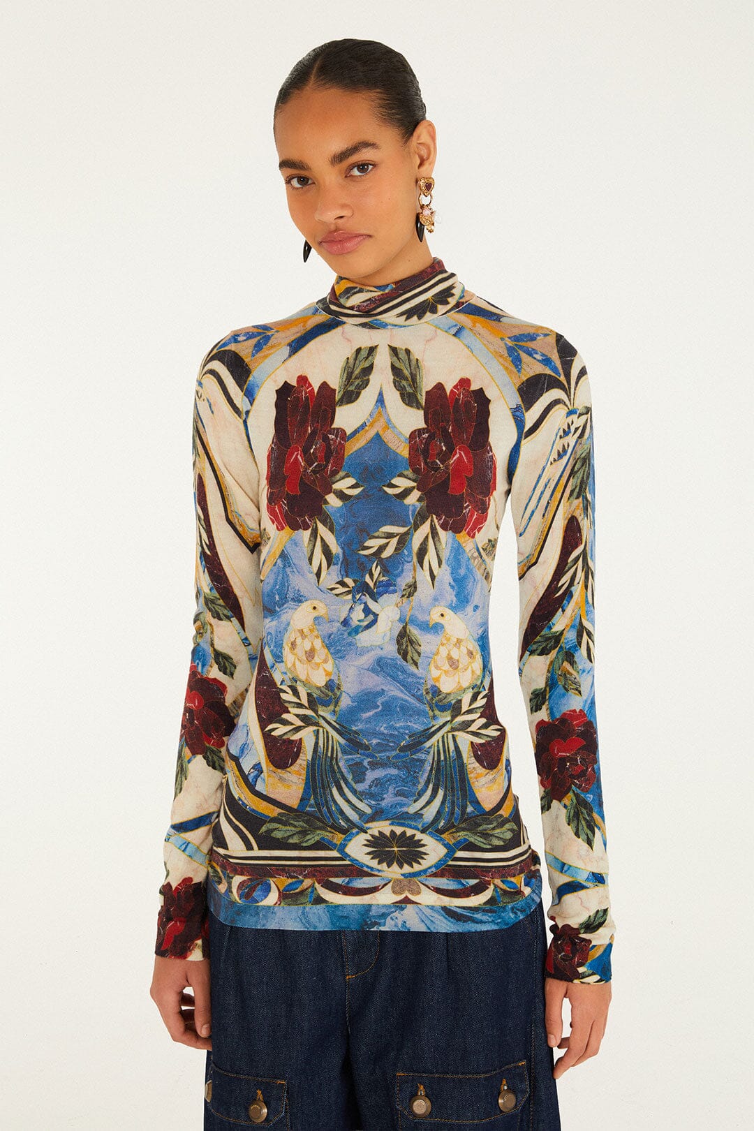 FARM Rio model wearing the Pietra Dura Tapestry Knit Layer Top