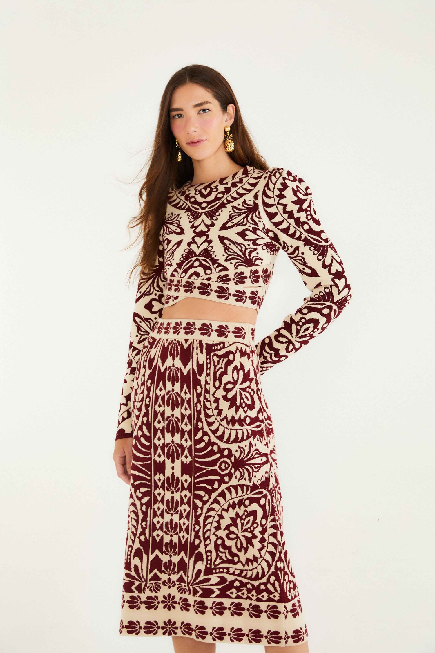 FARM Rio Pineapple Love Knit Midi Skirt, Pineapple Love RED / XXS FARM Rio Pineapple Love Knit Midi Skirt, Pineapple Love RED / XXS
