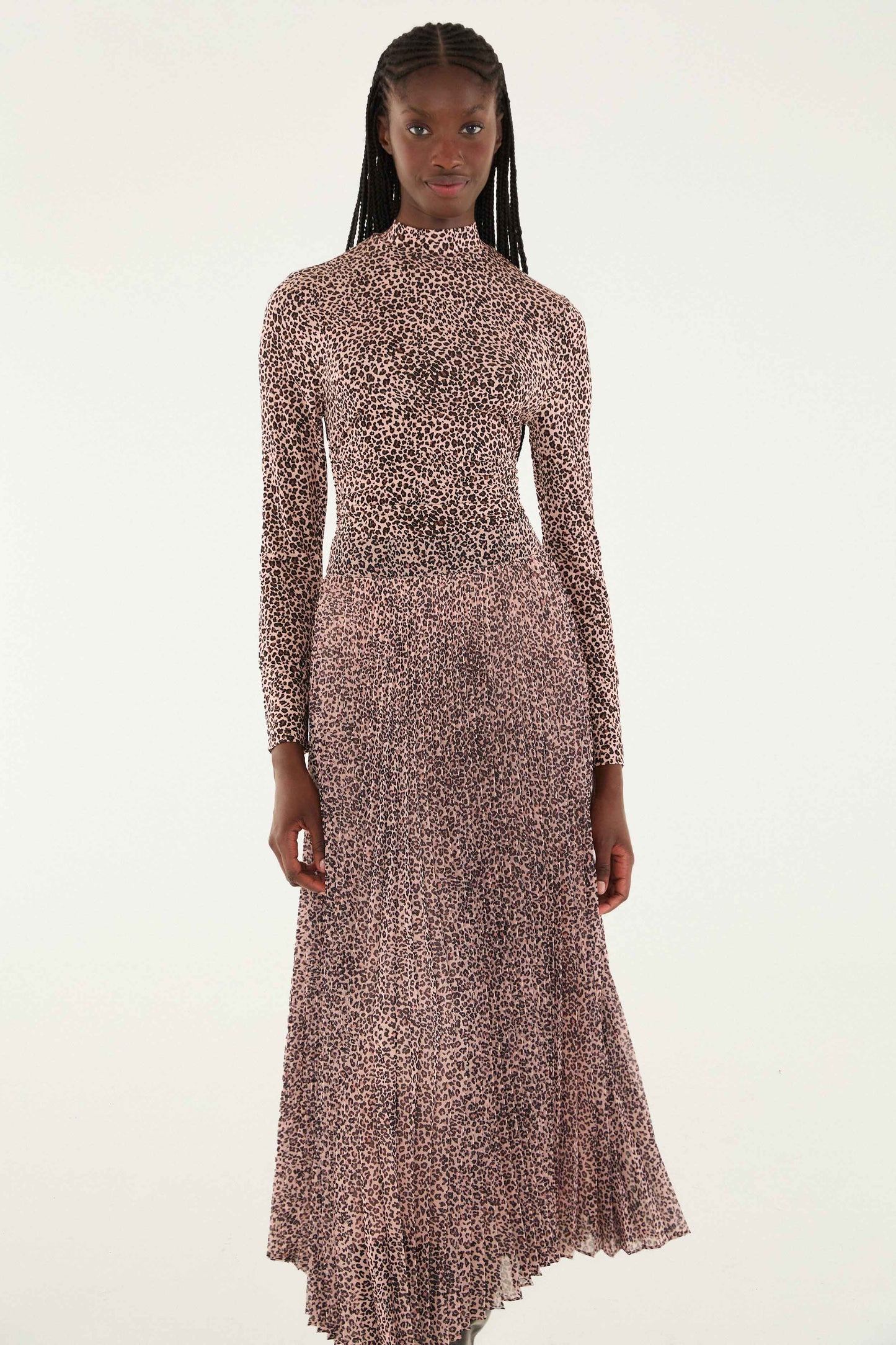 FARM Rio model wearing the Pink Baby Leopard Pleated Maxi Skirt