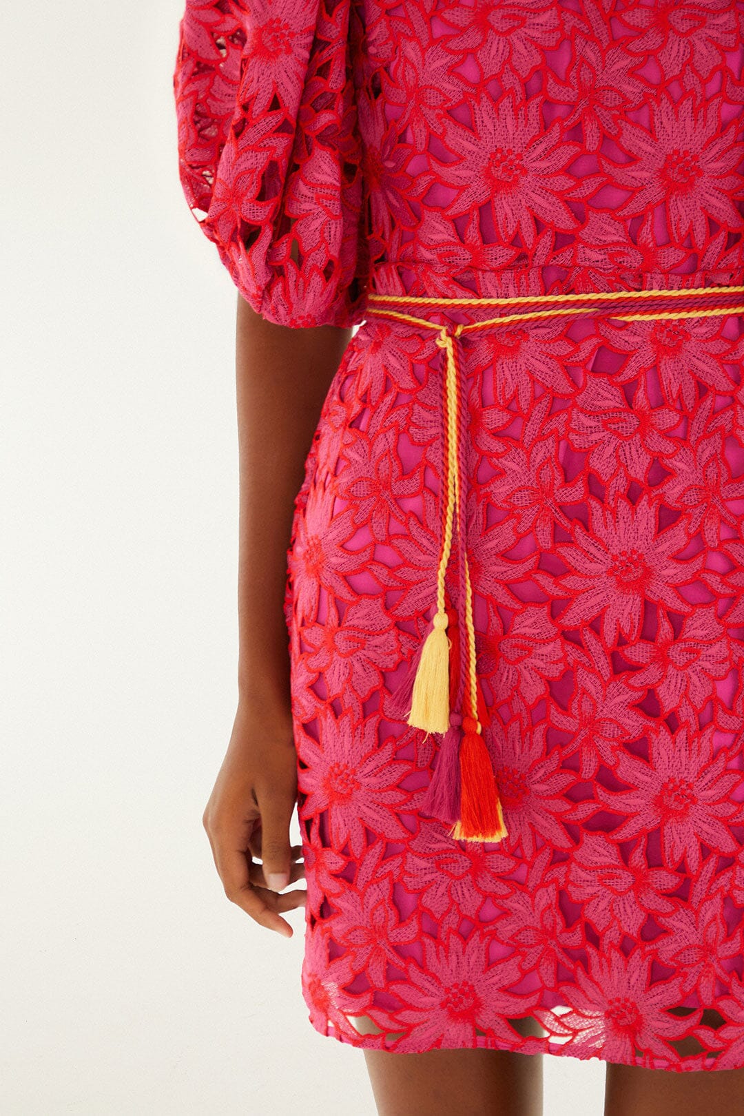 FARM Rio model wearing the Pink Flowered Lace Puff Sleeve Lined Mini Dress