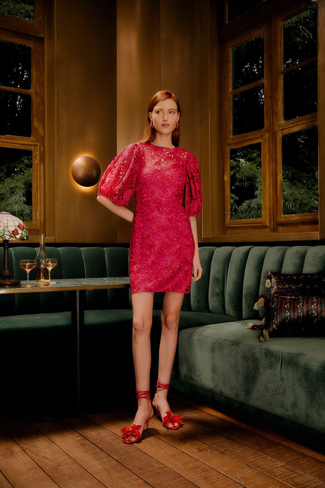 FARM Rio model wearing the Pink Flowered Lace Puff Sleeve Lined Mini Dress