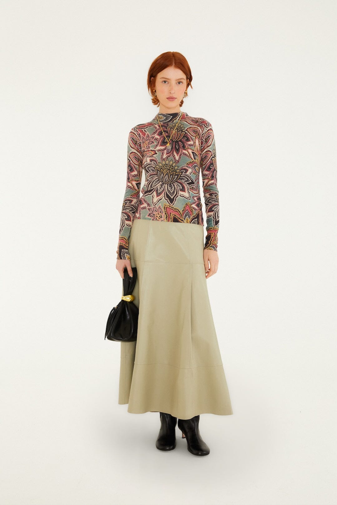 FARM Rio model wearing the Pleats Leather Midi Skirt