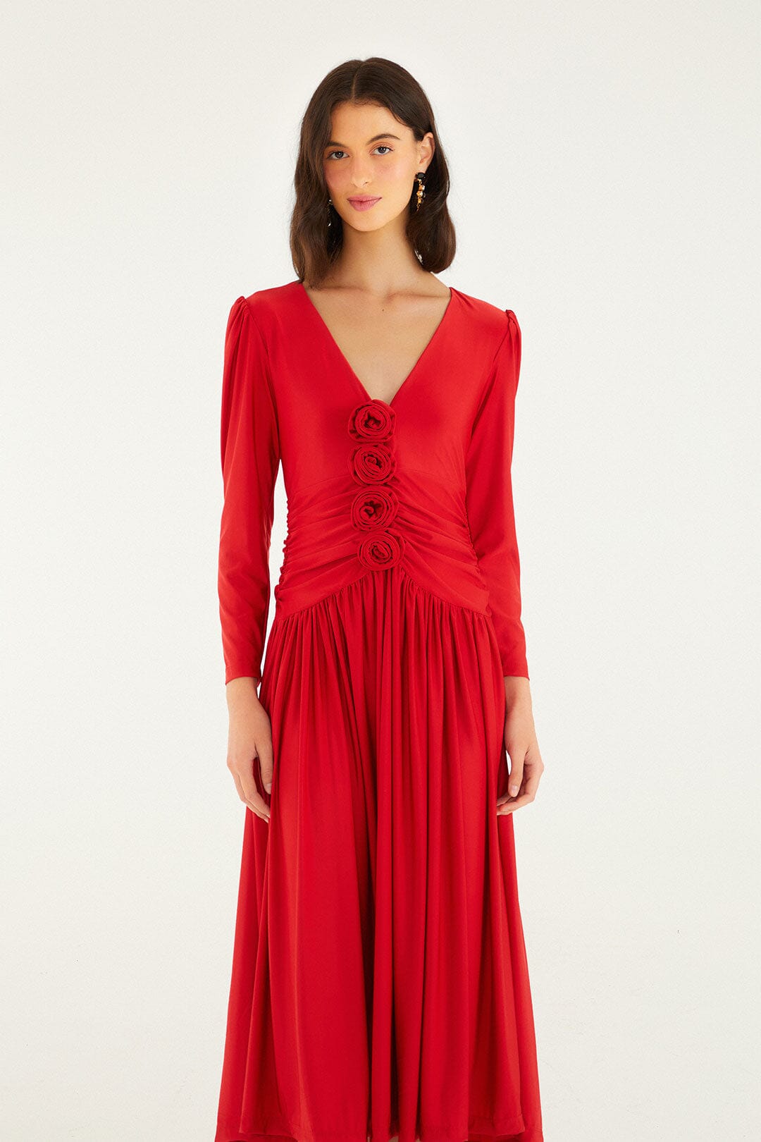 Red 3d Roses Long Sleeve Draped Midi Dress | FARM Rio