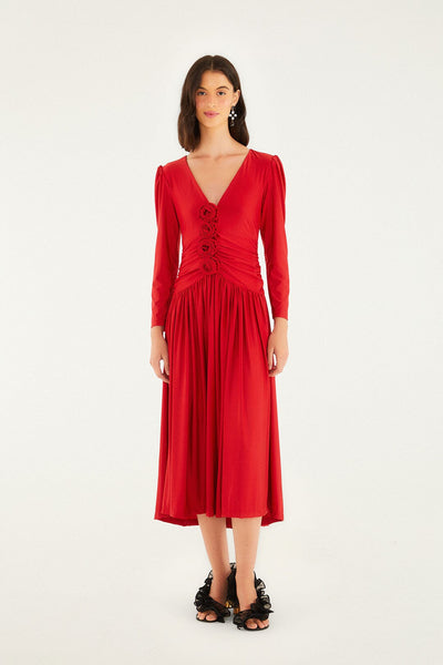 farm rio long-sleeve v-neck jacquard maxi dress Farm Rio Anthropologie Long-Sleeve V-Neck Jacquard Maxi Dress Red Size XS  NWT