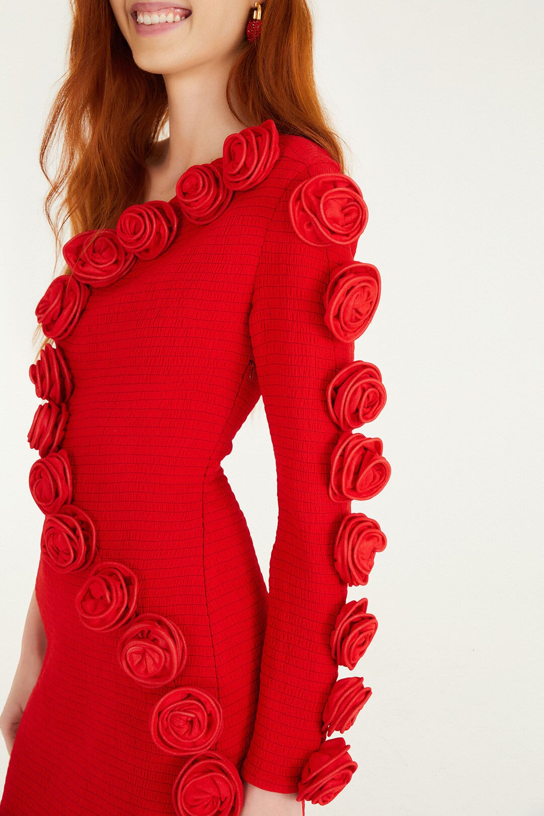 FARM Rio model wearing the Red 3d Roses One-Shoulder Slim Mini Dress