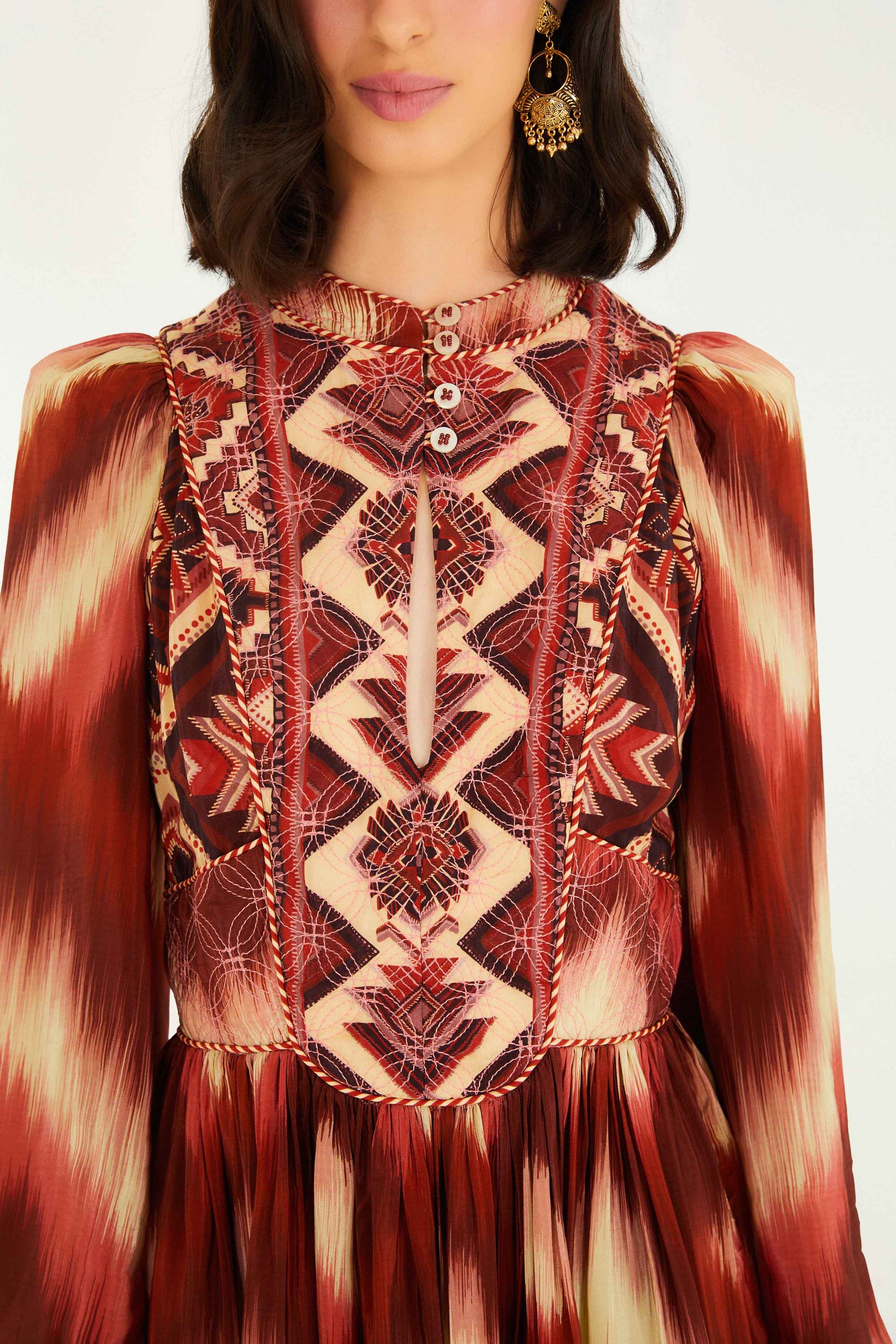 FARM Rio model wearing the Red Amanda Stripes Tapestry Quilted Mini Dress