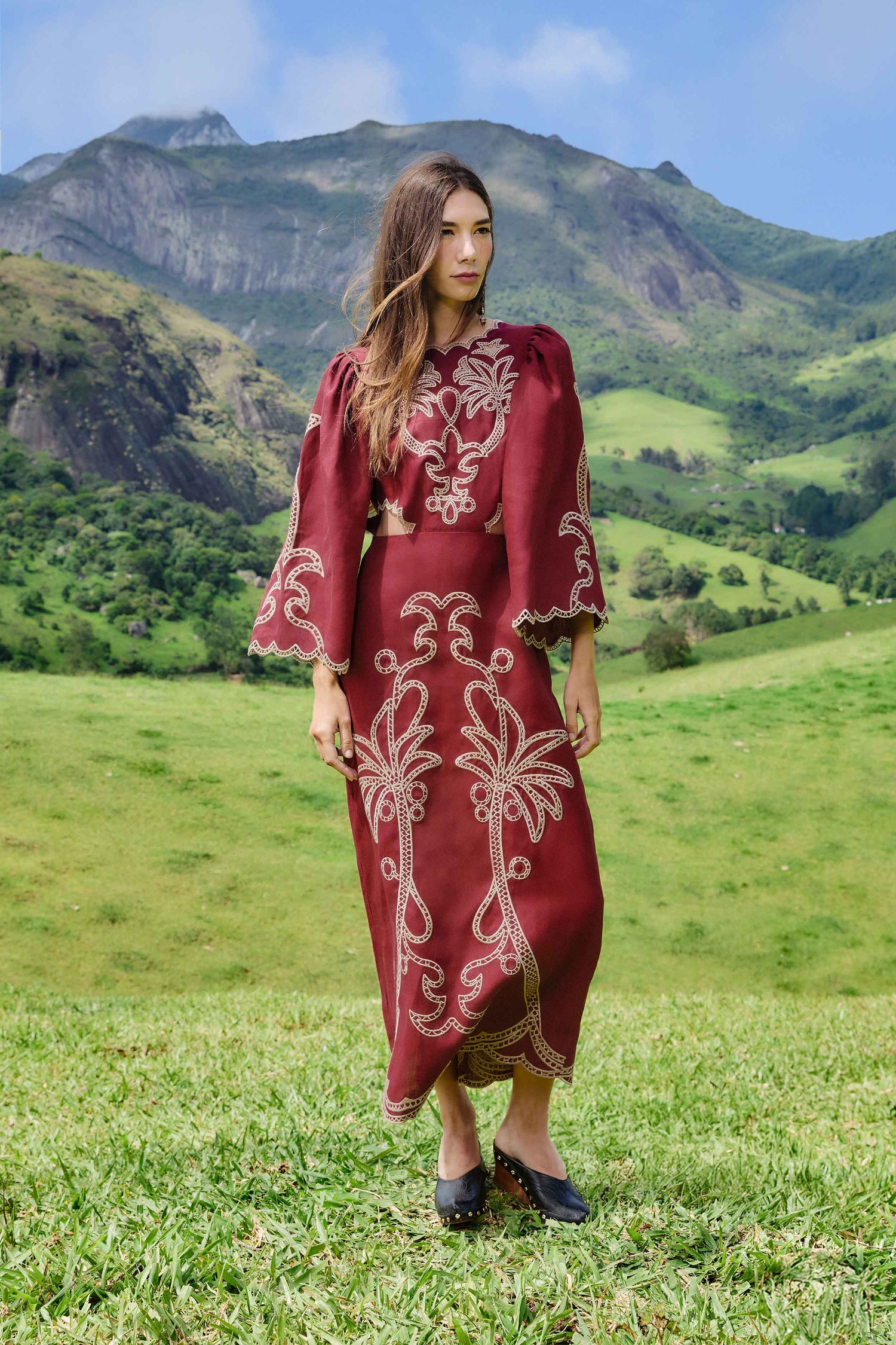 FARM Rio model wearing the Red Artisanal Cut-Out Embroidered Euroflax� Premium Linen Maxi Dress