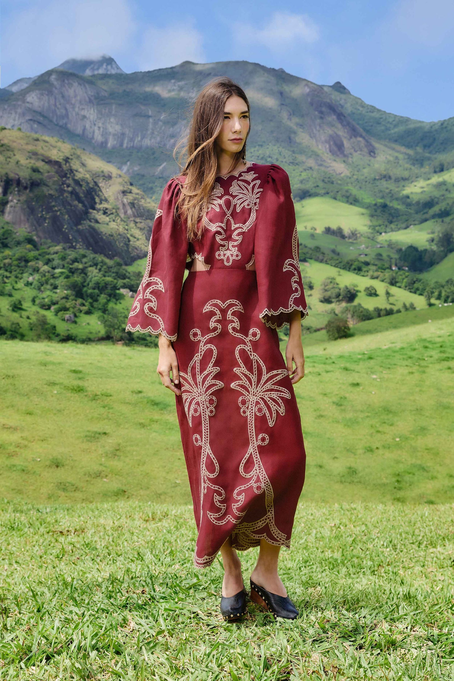 FARM Rio model wearing the Red Artisanal Cut-Out Embroidered Euroflax� Premium Linen Maxi Dress