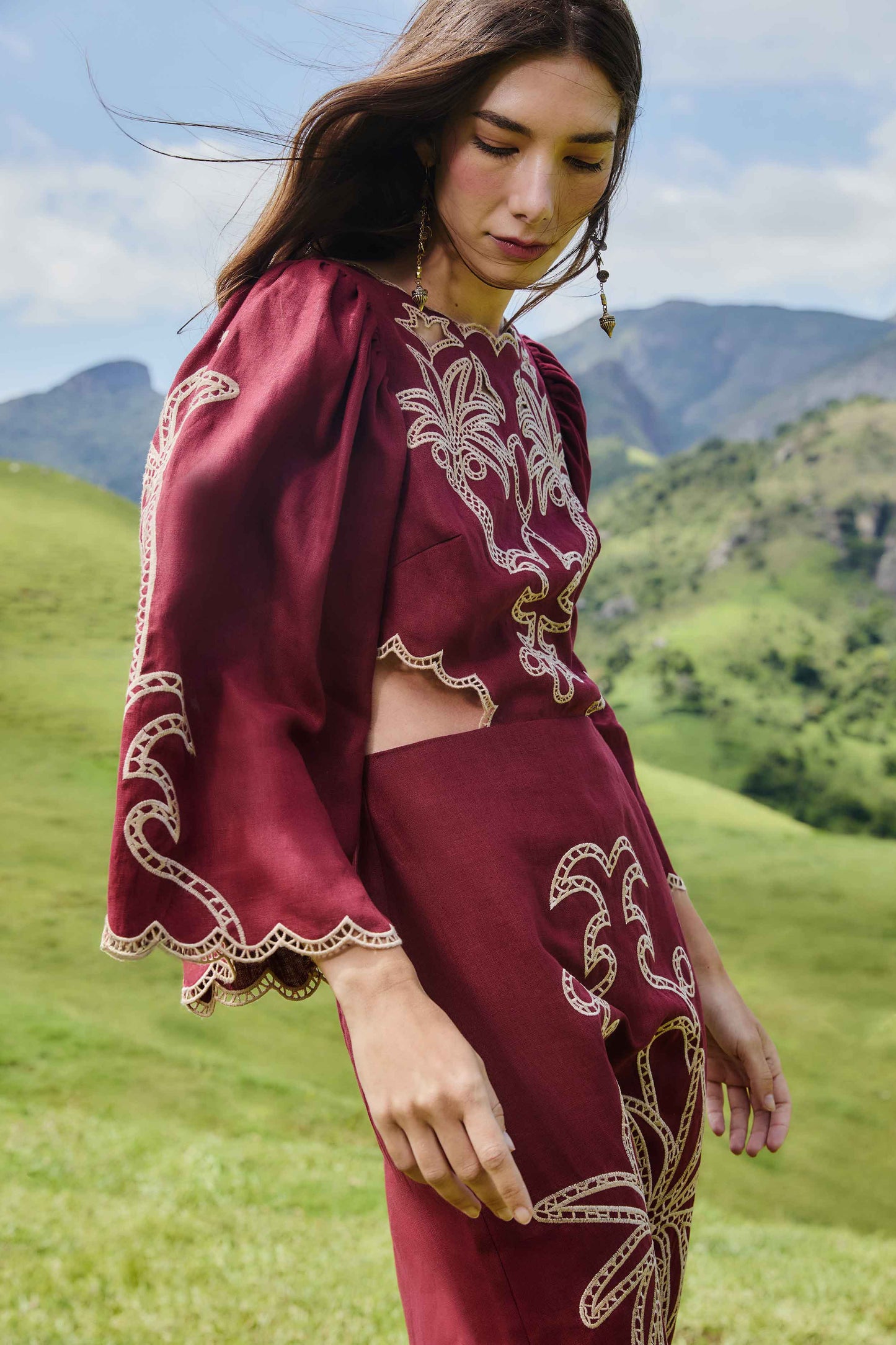 FARM Rio model wearing the Red Artisanal Cut-Out Embroidered Euroflax� Premium Linen Maxi Dress