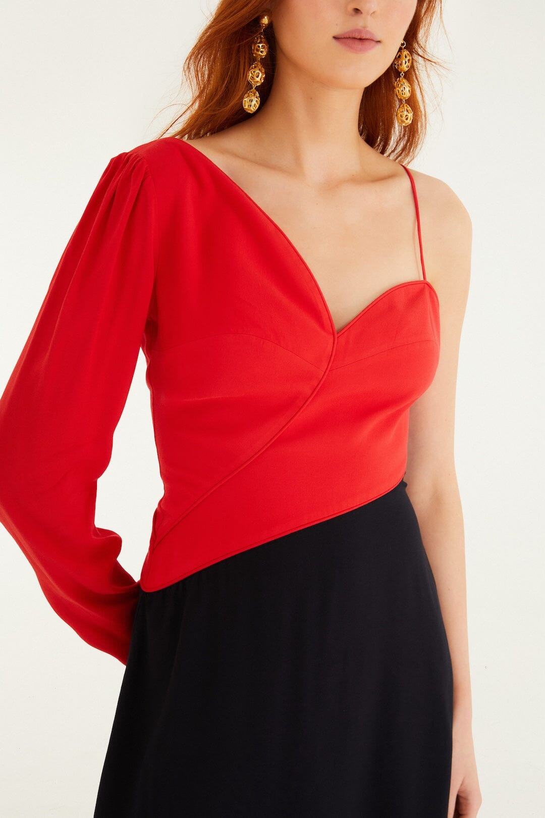 FARM Rio model wearing the Red Bicolor One-Shoulder Mini Dress