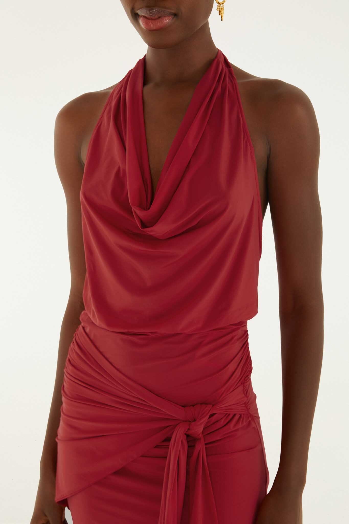 FARM Rio model wearing the Red Draped Halter Neck Mini Dress