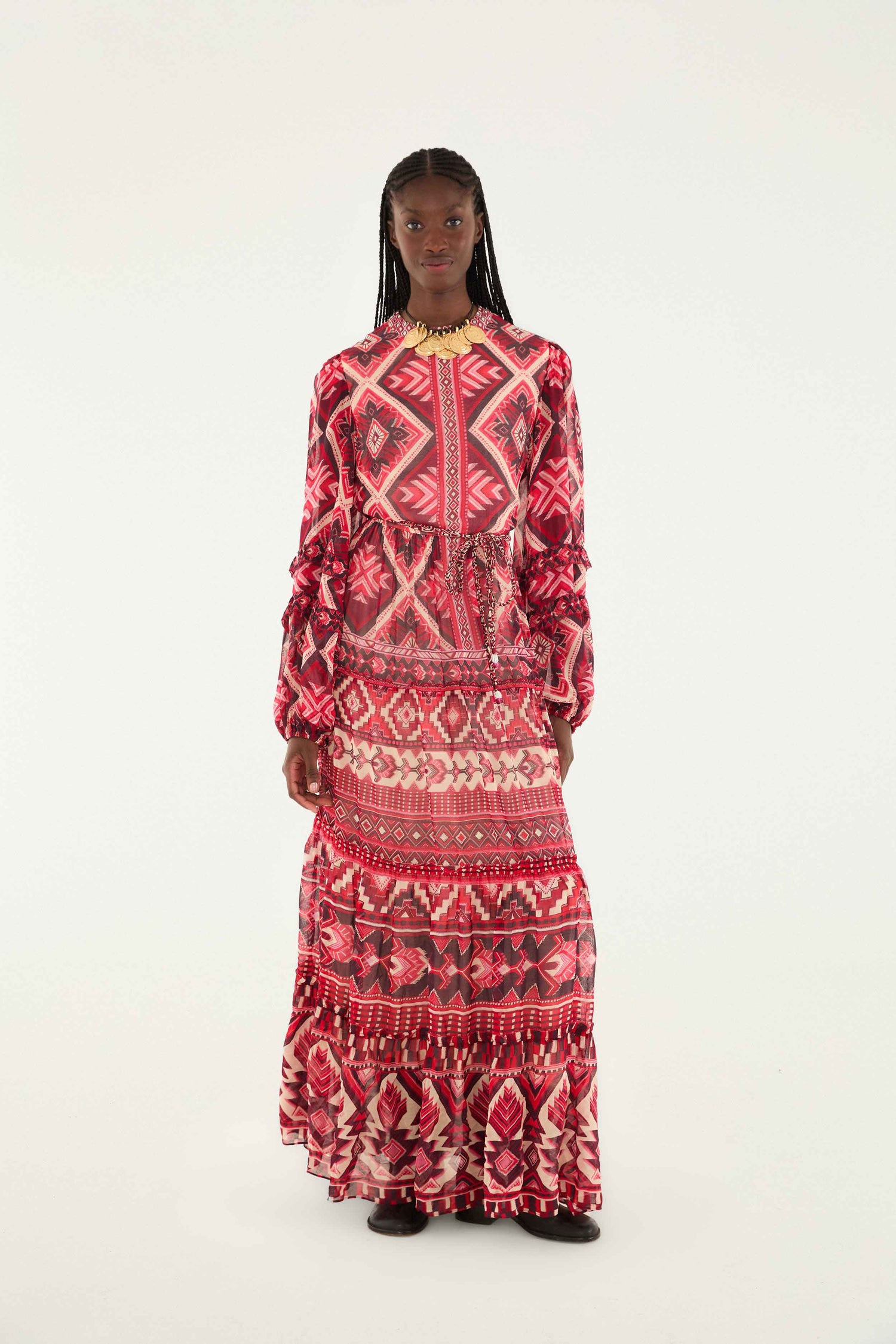 FARM Rio model wearing the Red Graphic Ainika Belted Tiered Maxi Dress
