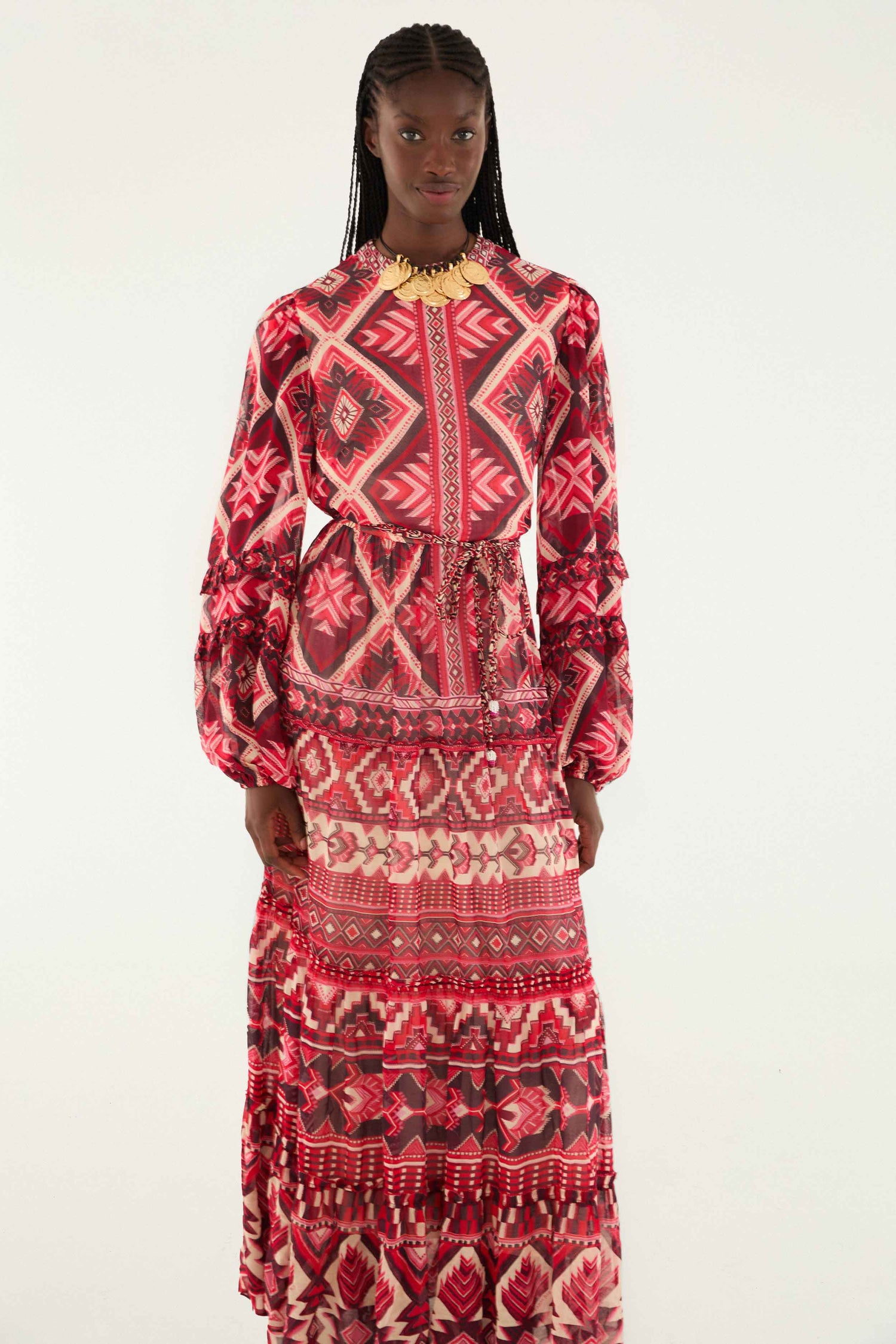 Red Graphic Ainika Belted Tiered Maxi Dress