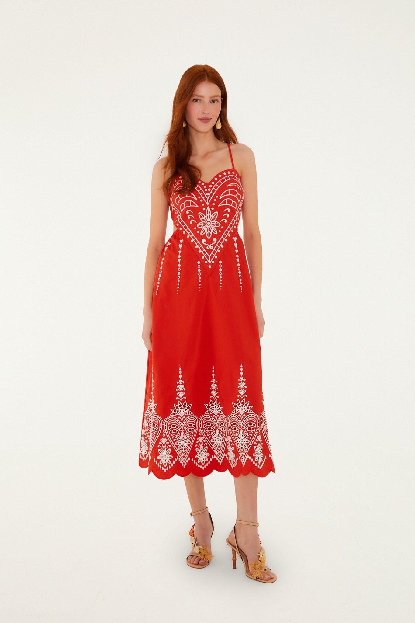 FARM Rio model wearing the Red Heart Richelieu Open Back Midi Dress