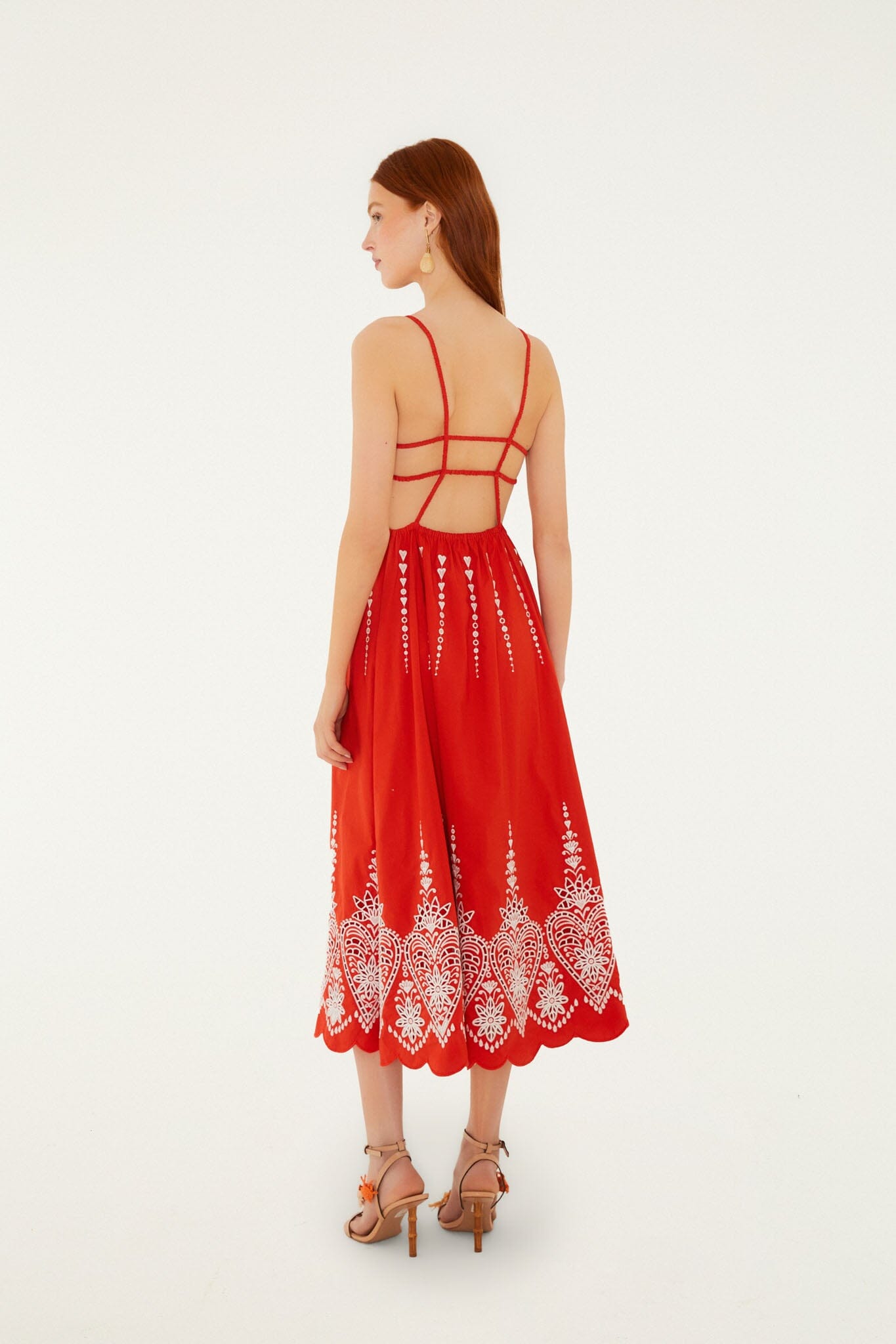 FARM Rio model wearing the Red Heart Richelieu Open Back Midi Dress