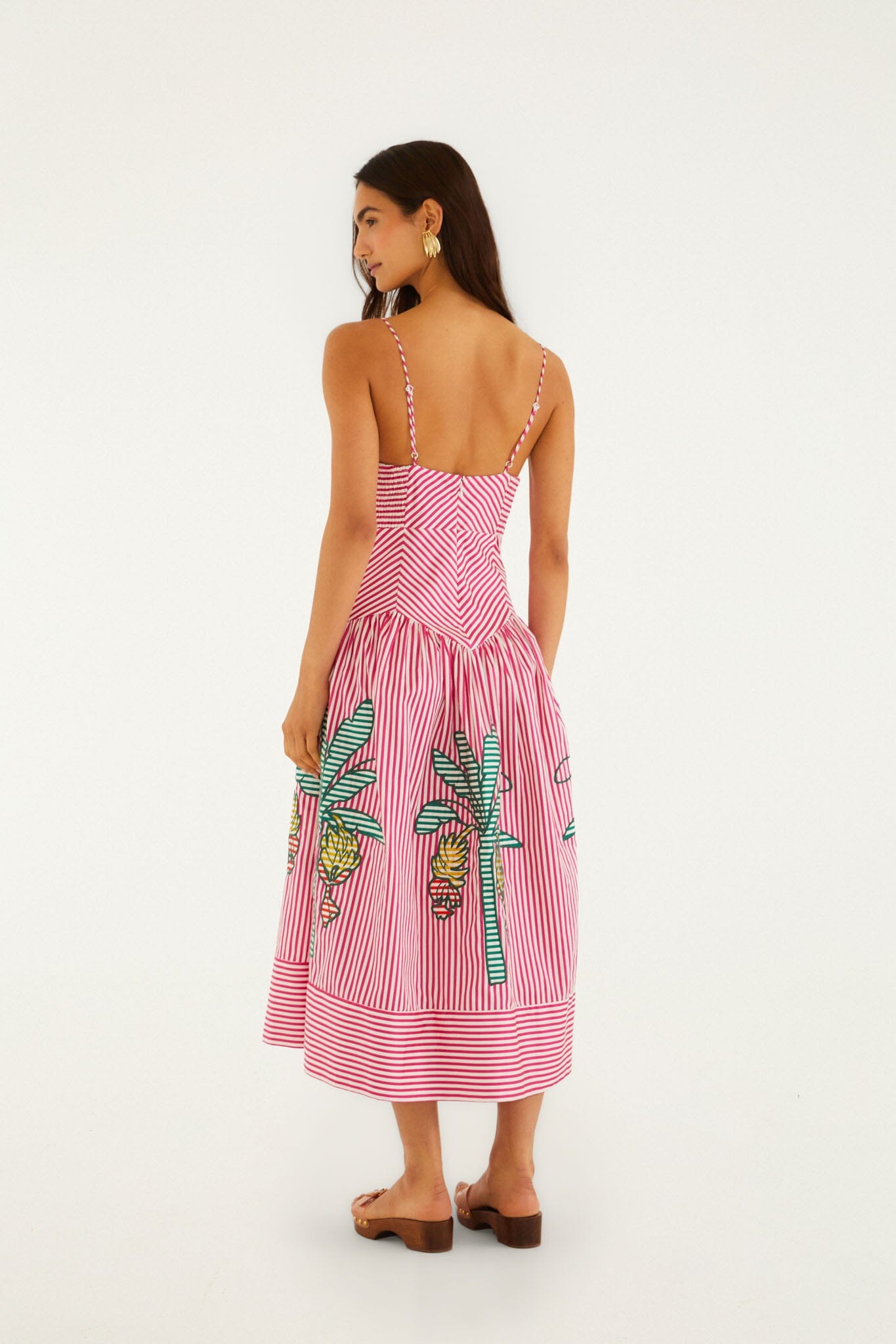 Pink Palm Tree Stripes Cutwork Organic Cotton Midi Dress | FARM Rio Pink Palm Tree Stripes Cutwork Organic Cotton Midi Dress | FARM Rio