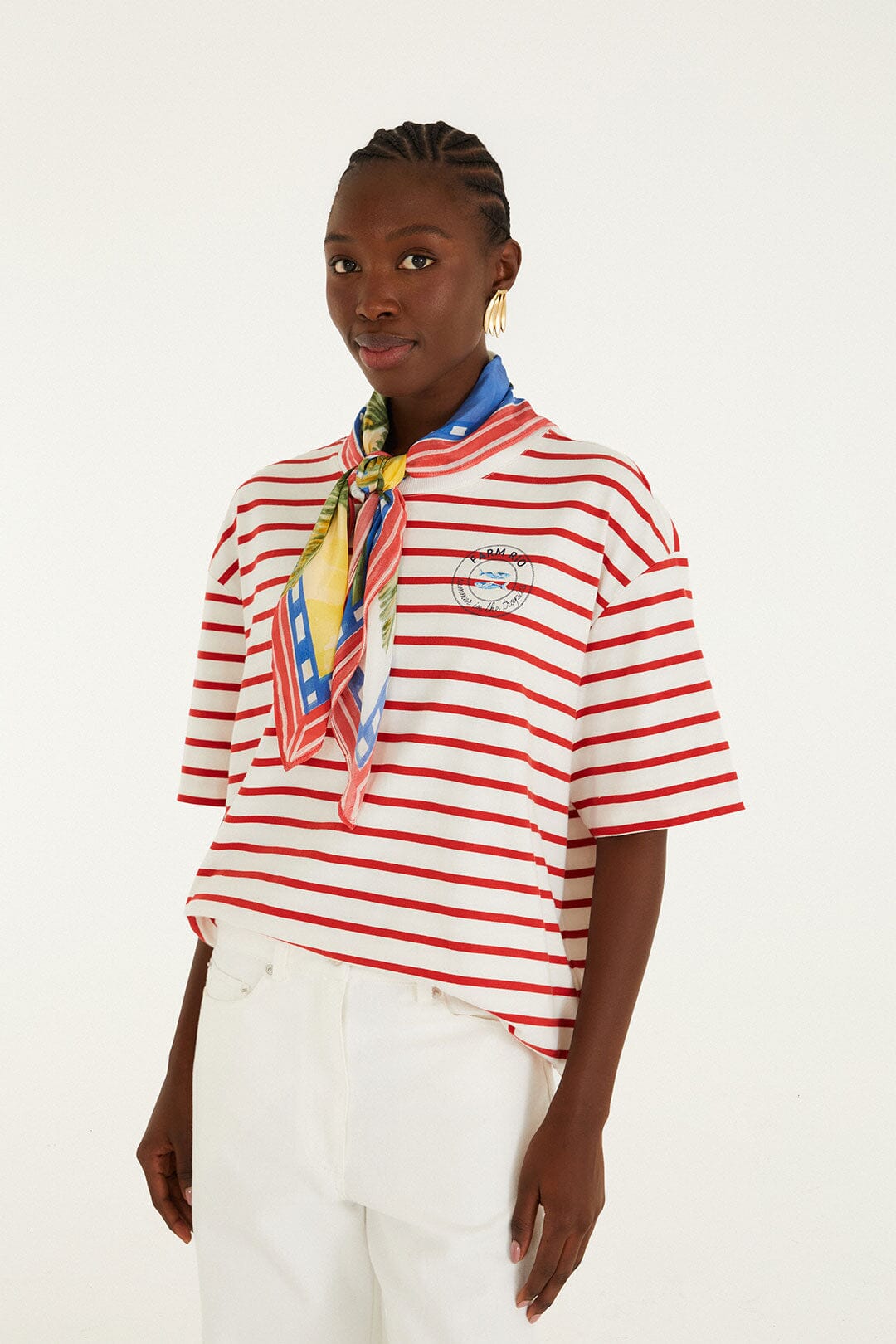 FARM Rio model wearing the Red Summer In The Tropics Stripes T-Shirt