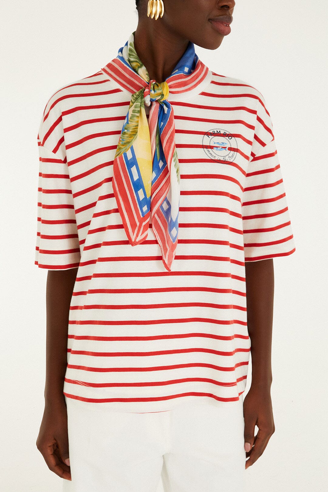 FARM Rio model wearing the Red Summer In The Tropics Stripes T-Shirt