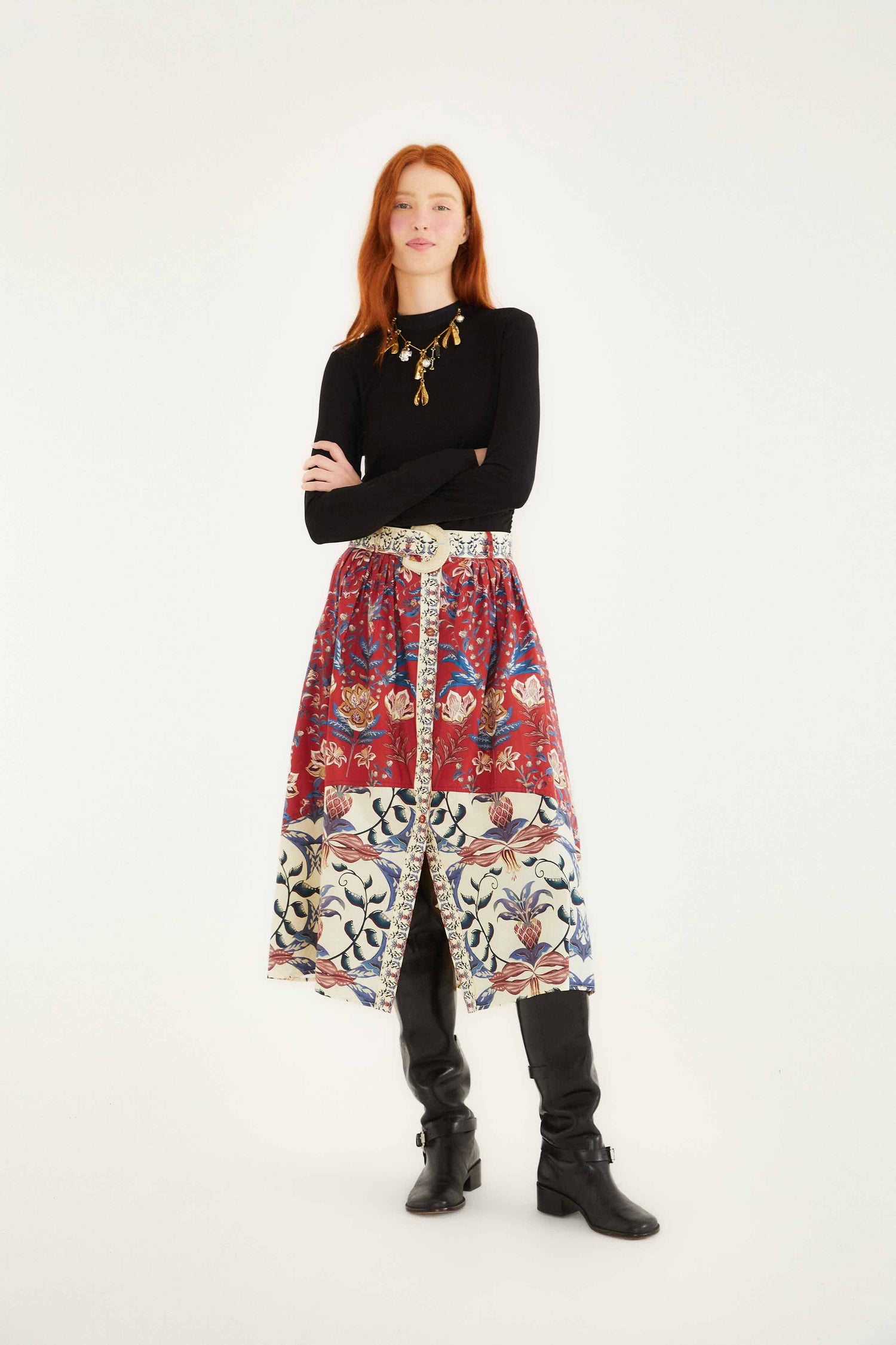 Red Winter Breeze Buttoned Belted Organic Cotton Midi Skirt FARM Rio