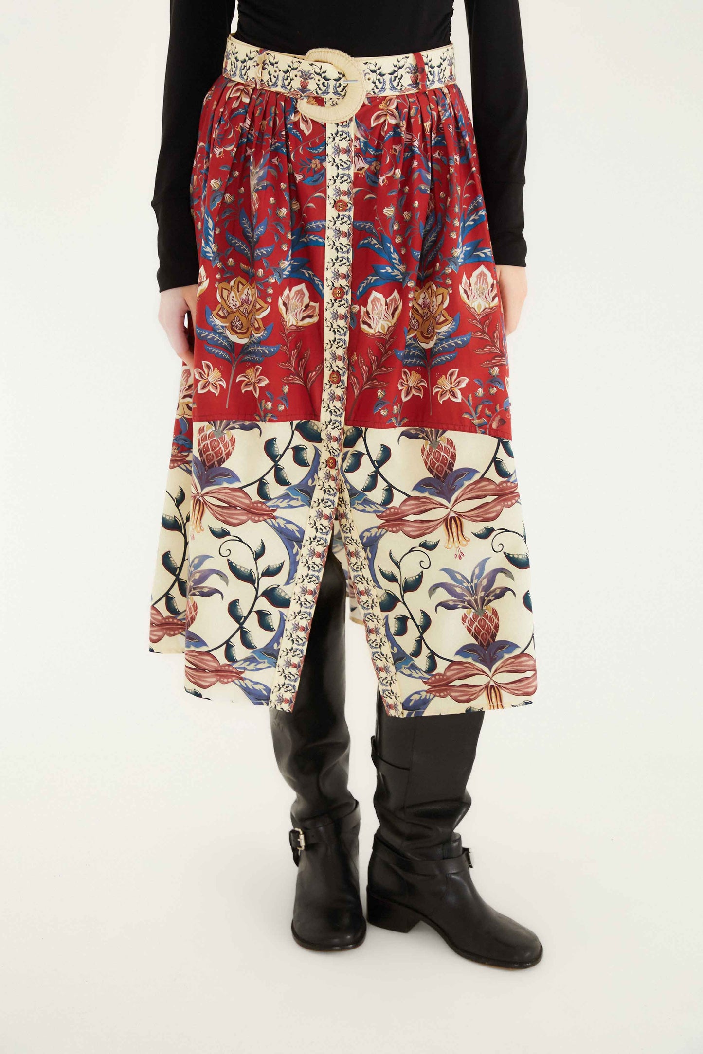 FARM Rio model wearing the Red Winter Breeze Buttoned Belted Organic Cotton Midi Skirt