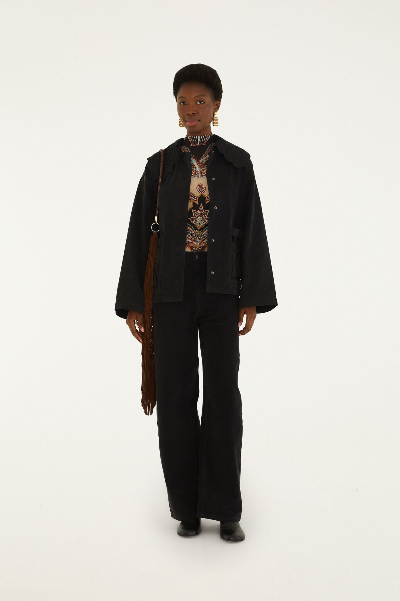 FARM Rio model wearing the Richelieu Denim Barn Jacket