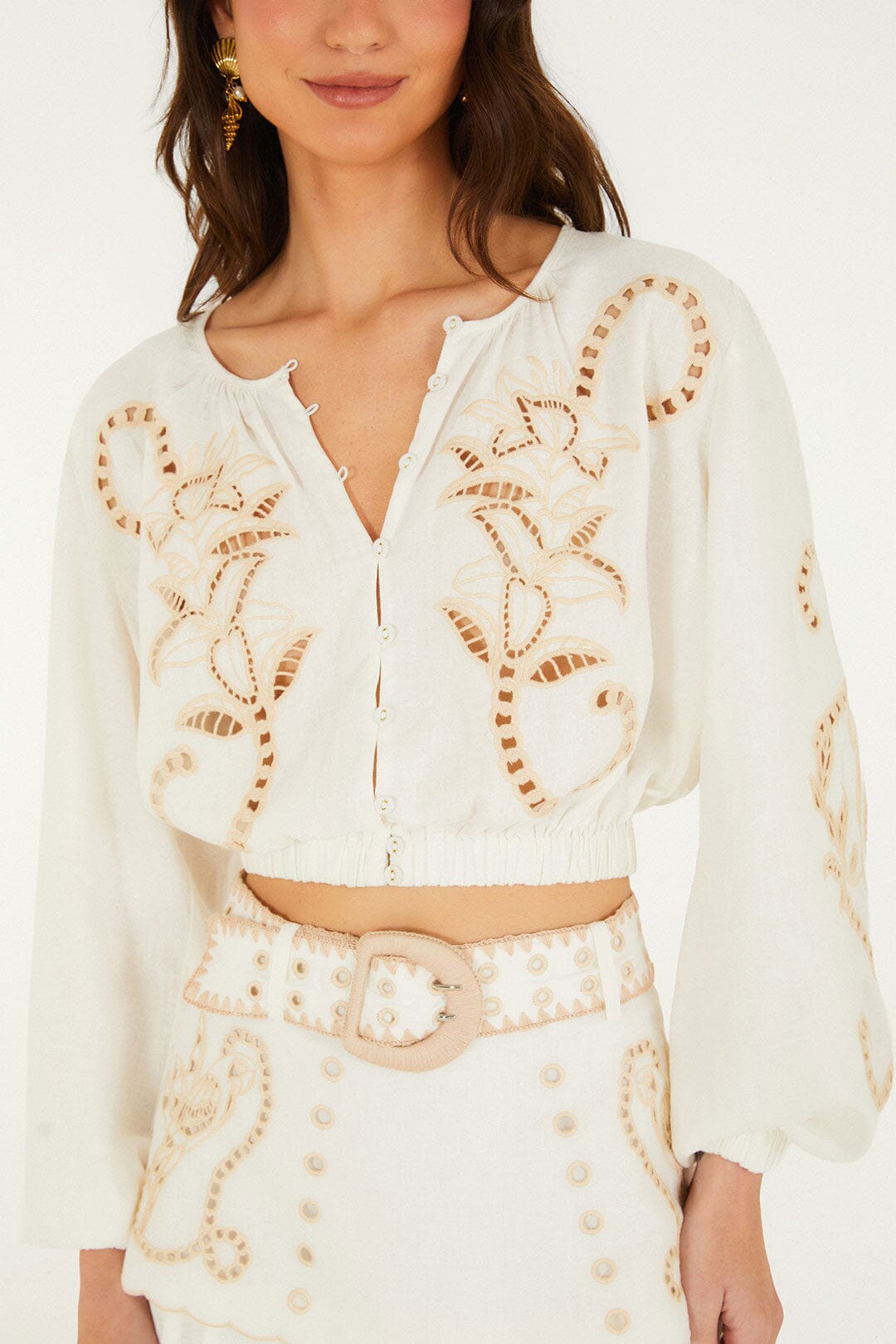 FARM Rio model wearing the Richilieur Off-White Long Sleeve Blouse