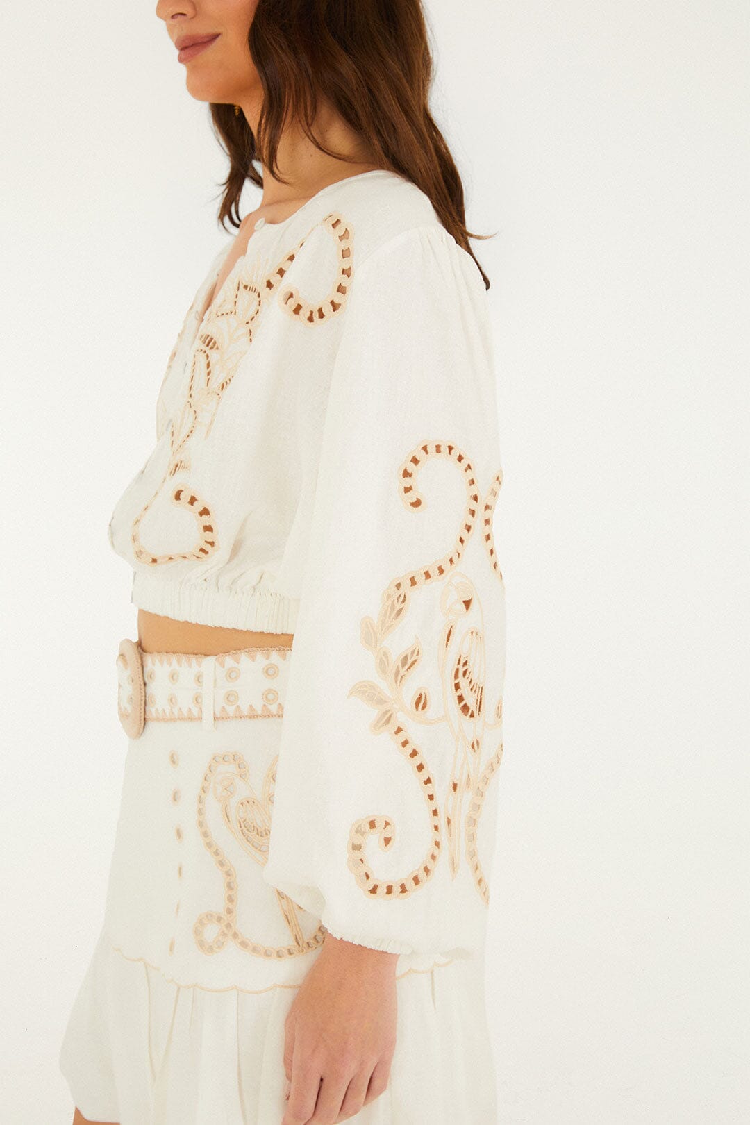 FARM Rio model wearing the Richilieur Off-White Long Sleeve Blouse