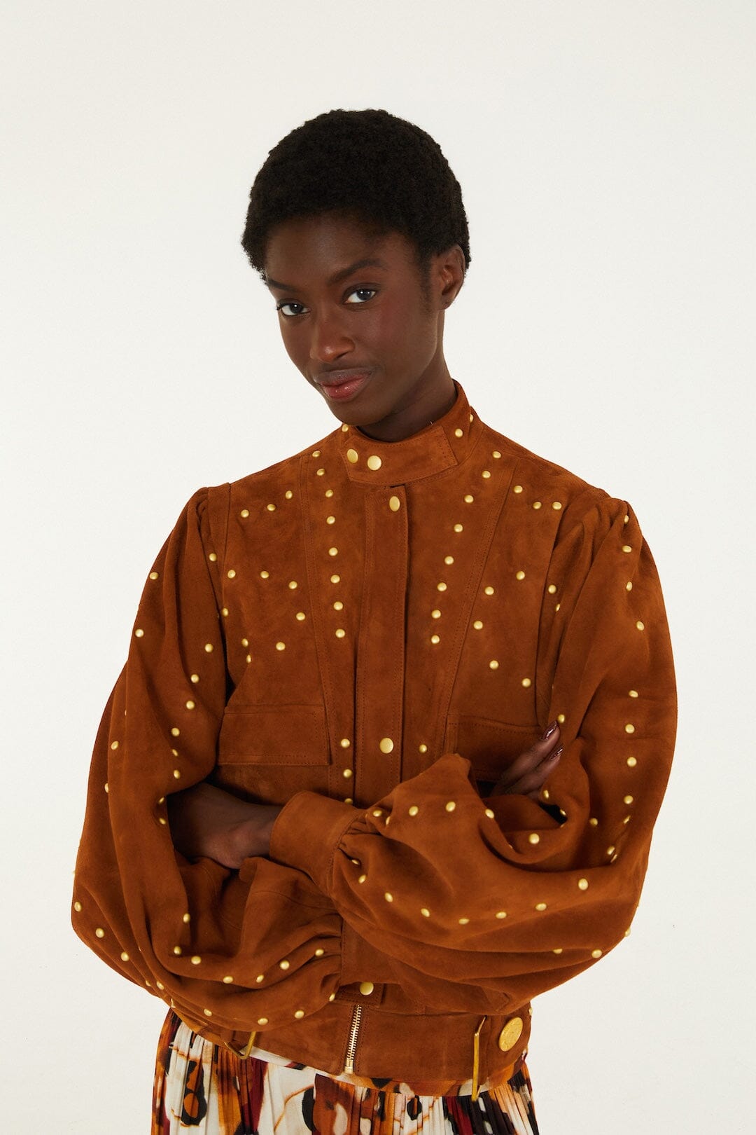 FARM Rio model wearing the Riveted Buttoned Leather Jacket