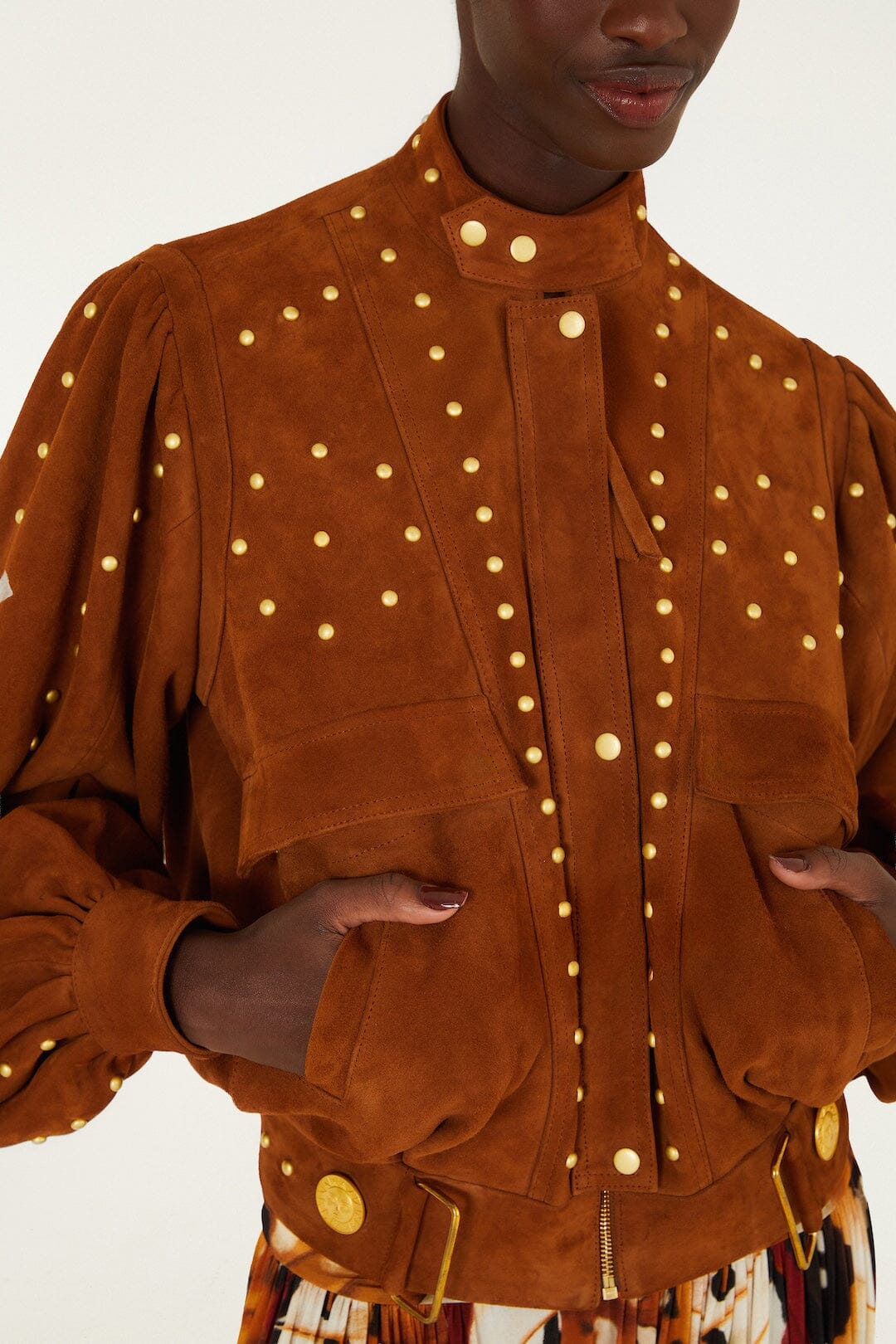 FARM Rio model wearing the Riveted Buttoned Leather Jacket