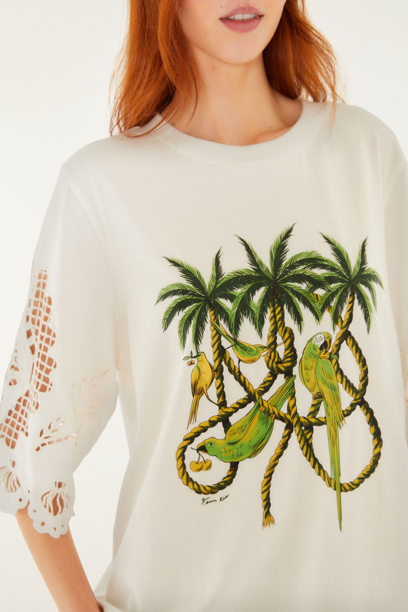 FARM Rio model wearing the Ropes And Birds Richelieu Blouse