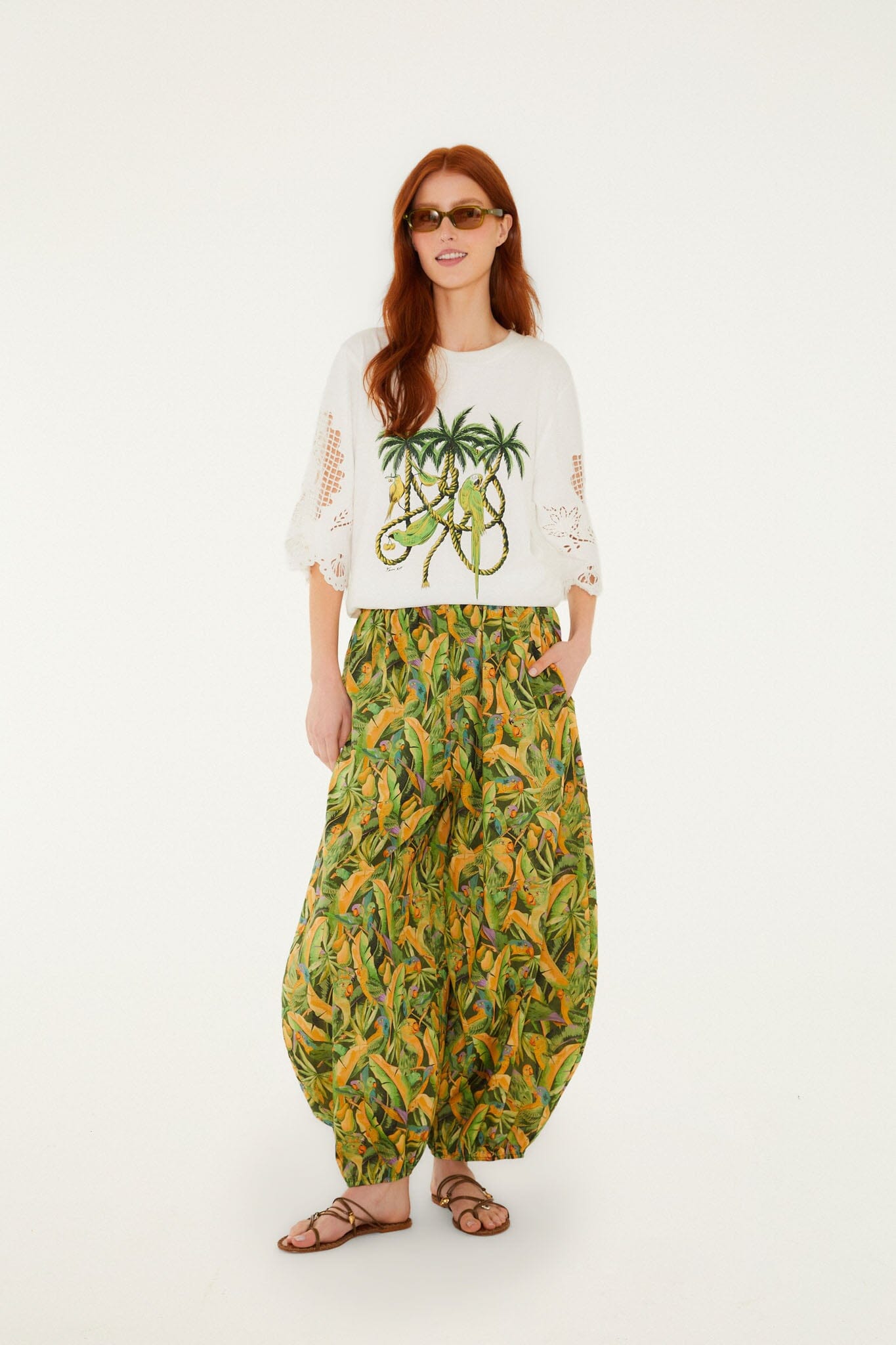 FARM Rio model wearing the Ropes And Birds Richelieu Blouse