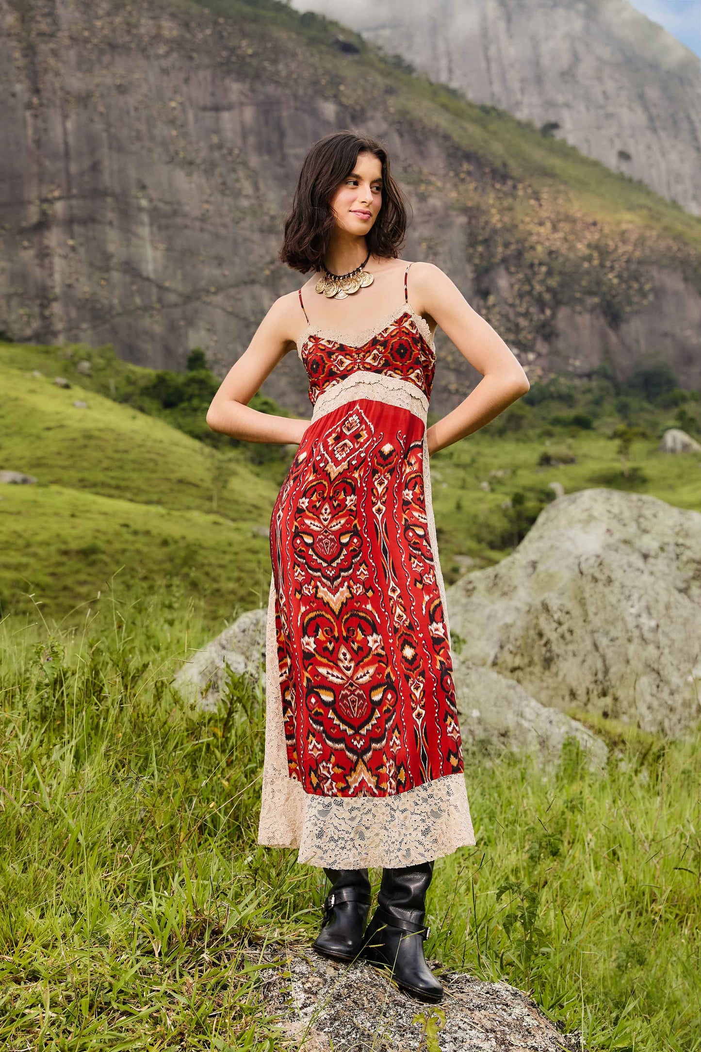 FARM Rio model wearing the Sand Ainika Pineapple Ikat Midi Dress