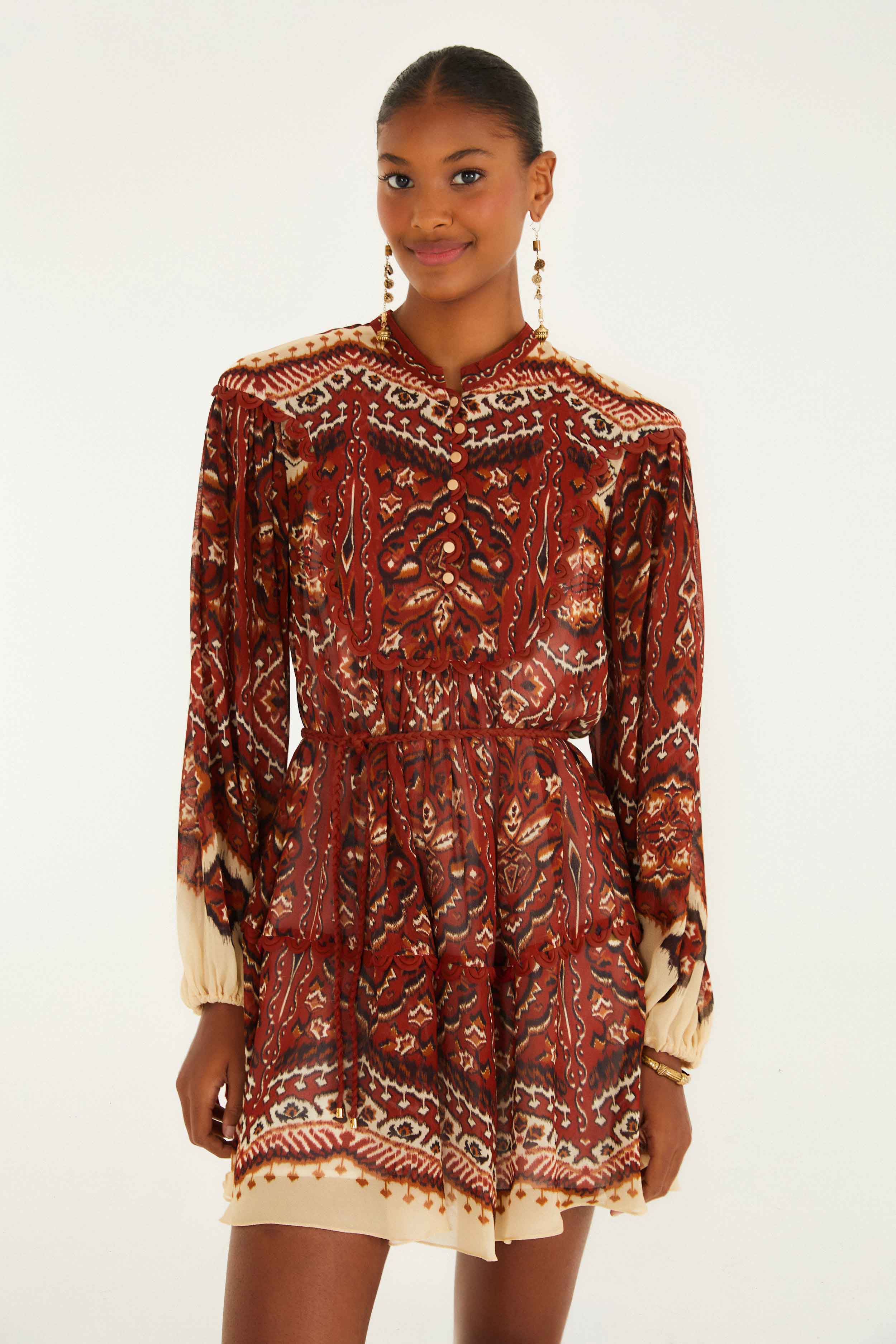 Sand Ainika Pineapple Tapestry Long Sleeve Mini Dress | FARM Rio