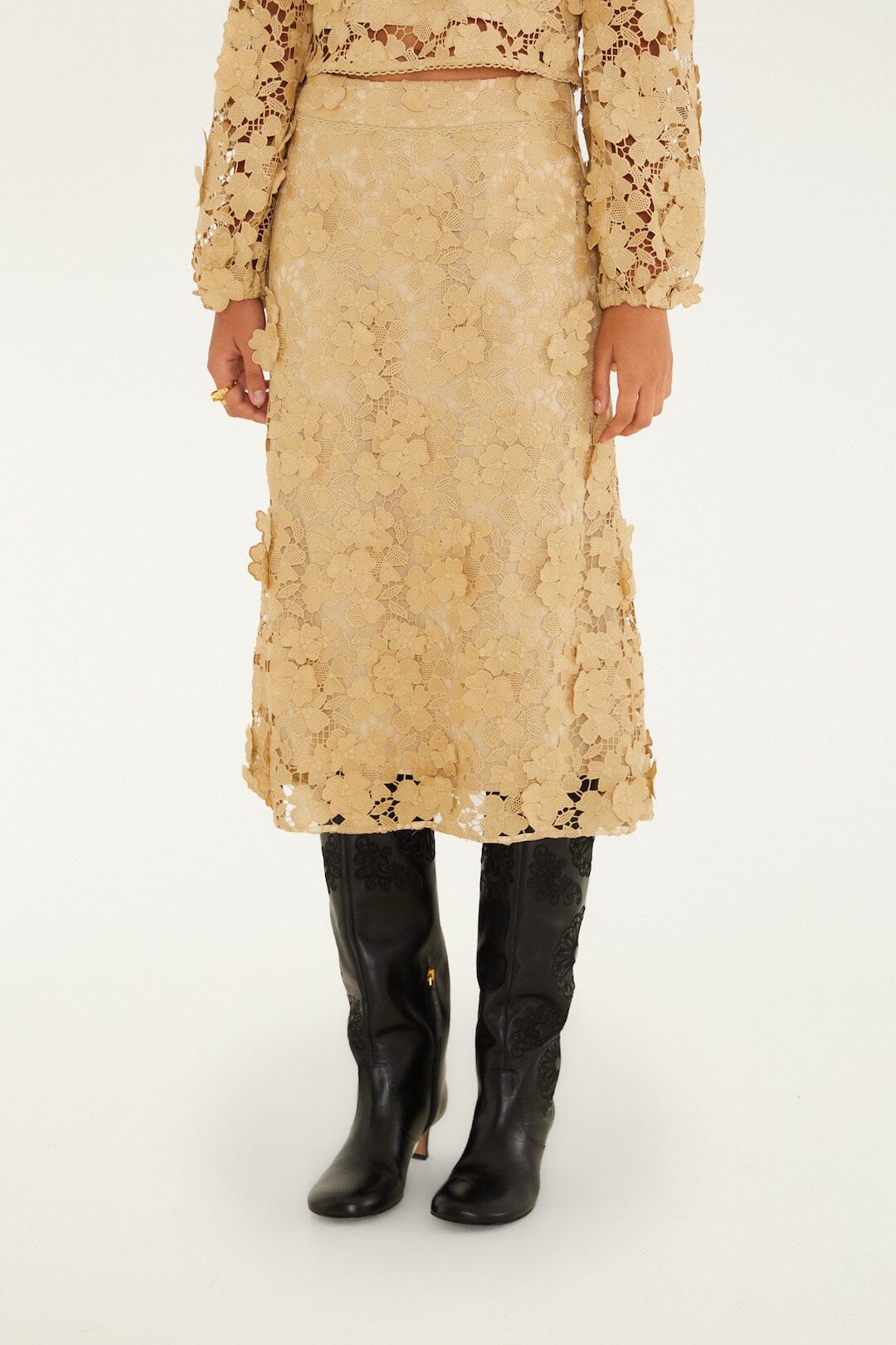 FARM Rio model wearing the Sand Embroidery Midi Skirt