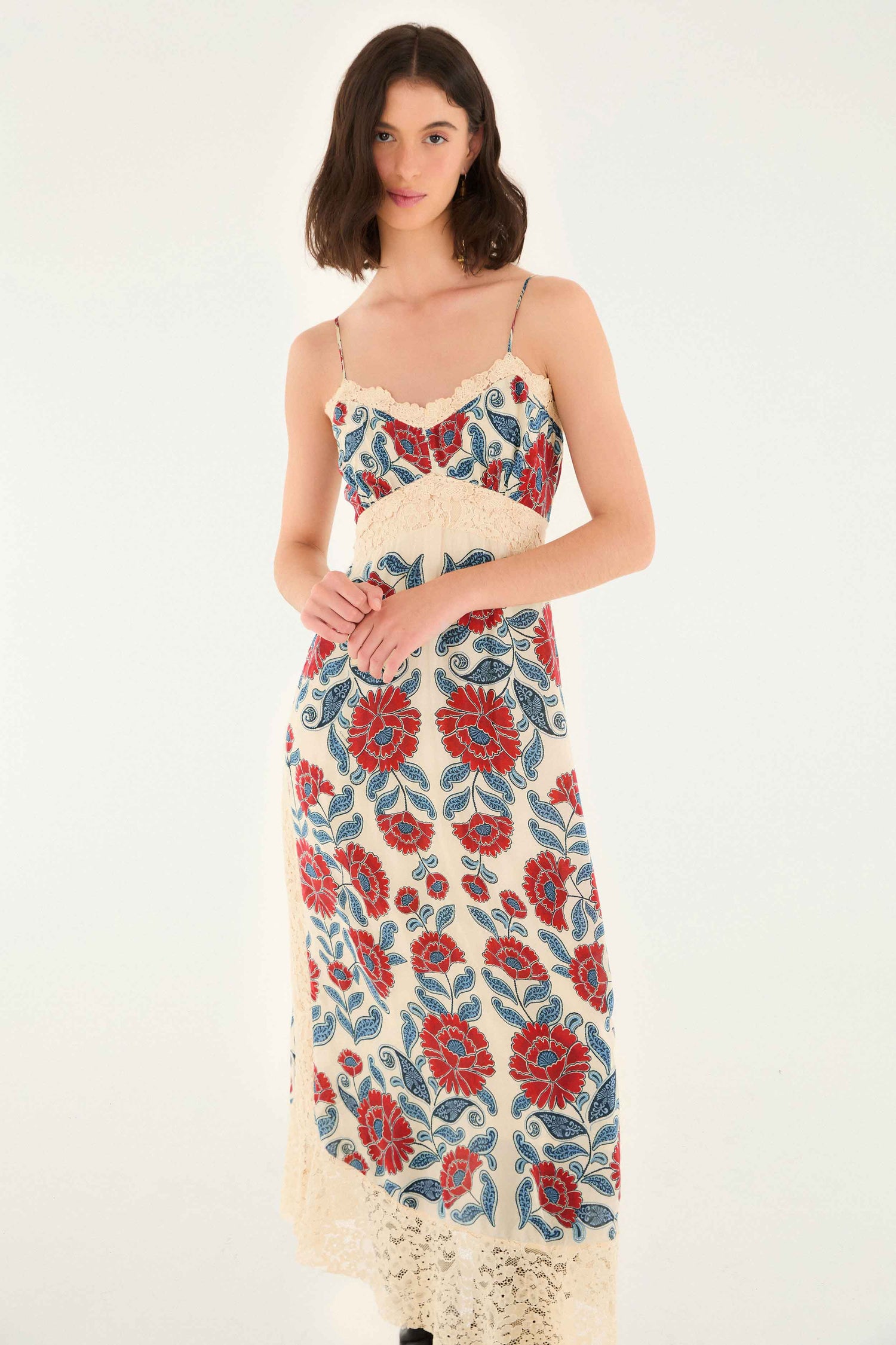 FARM Rio model wearing the Sand Francesca Midi Dress