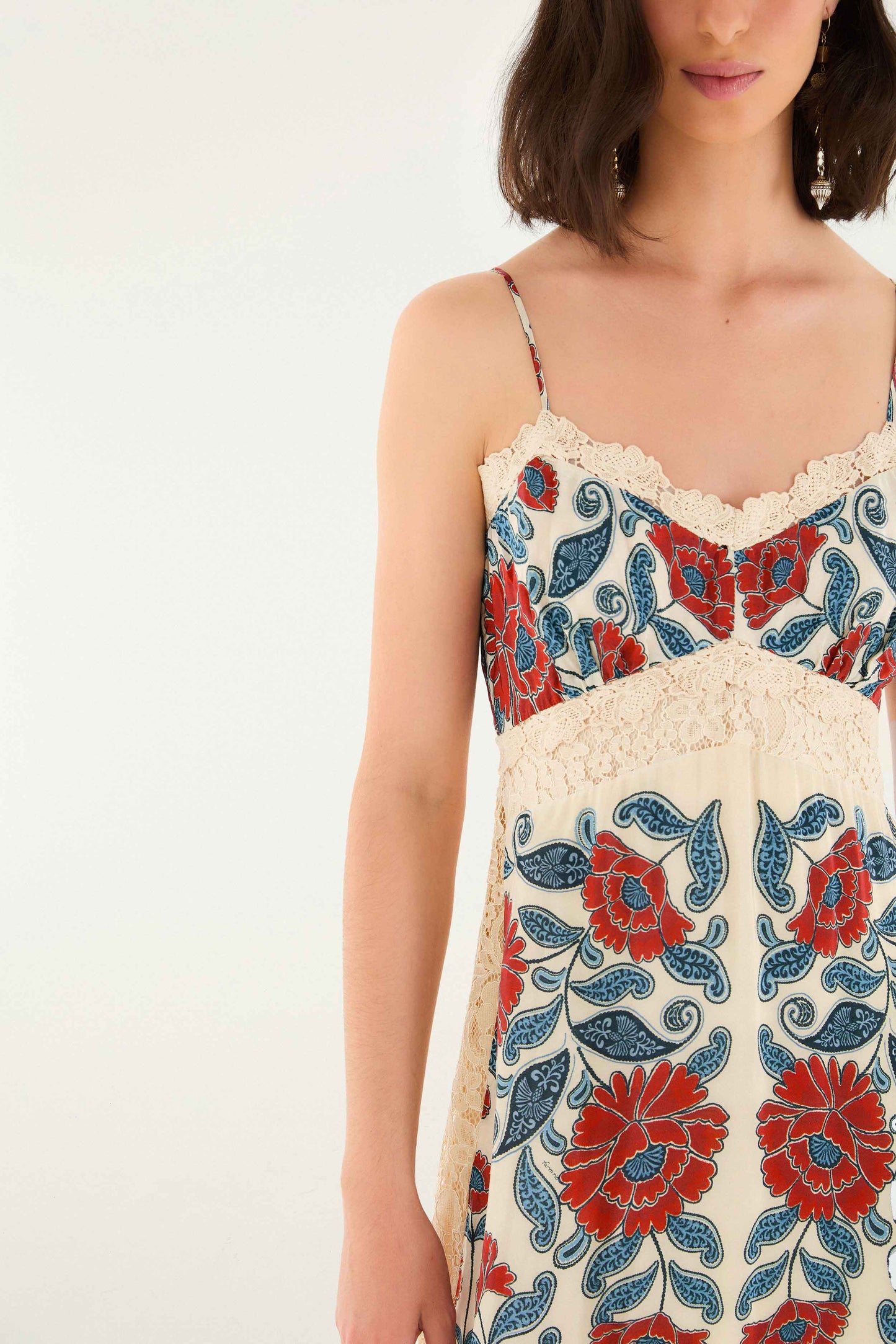 FARM Rio model wearing the Sand Francesca Midi Dress