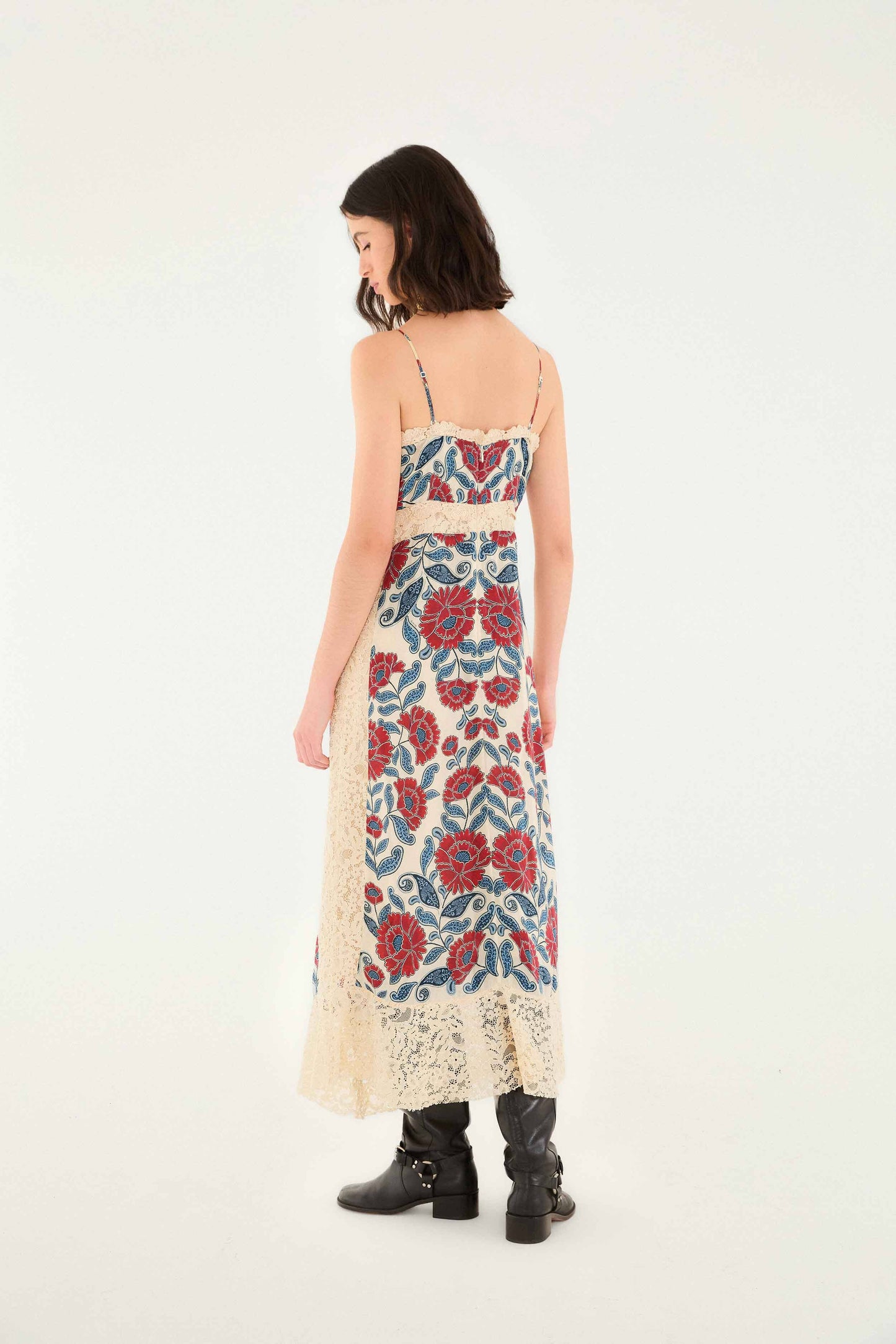 FARM Rio model wearing the Sand Francesca Midi Dress