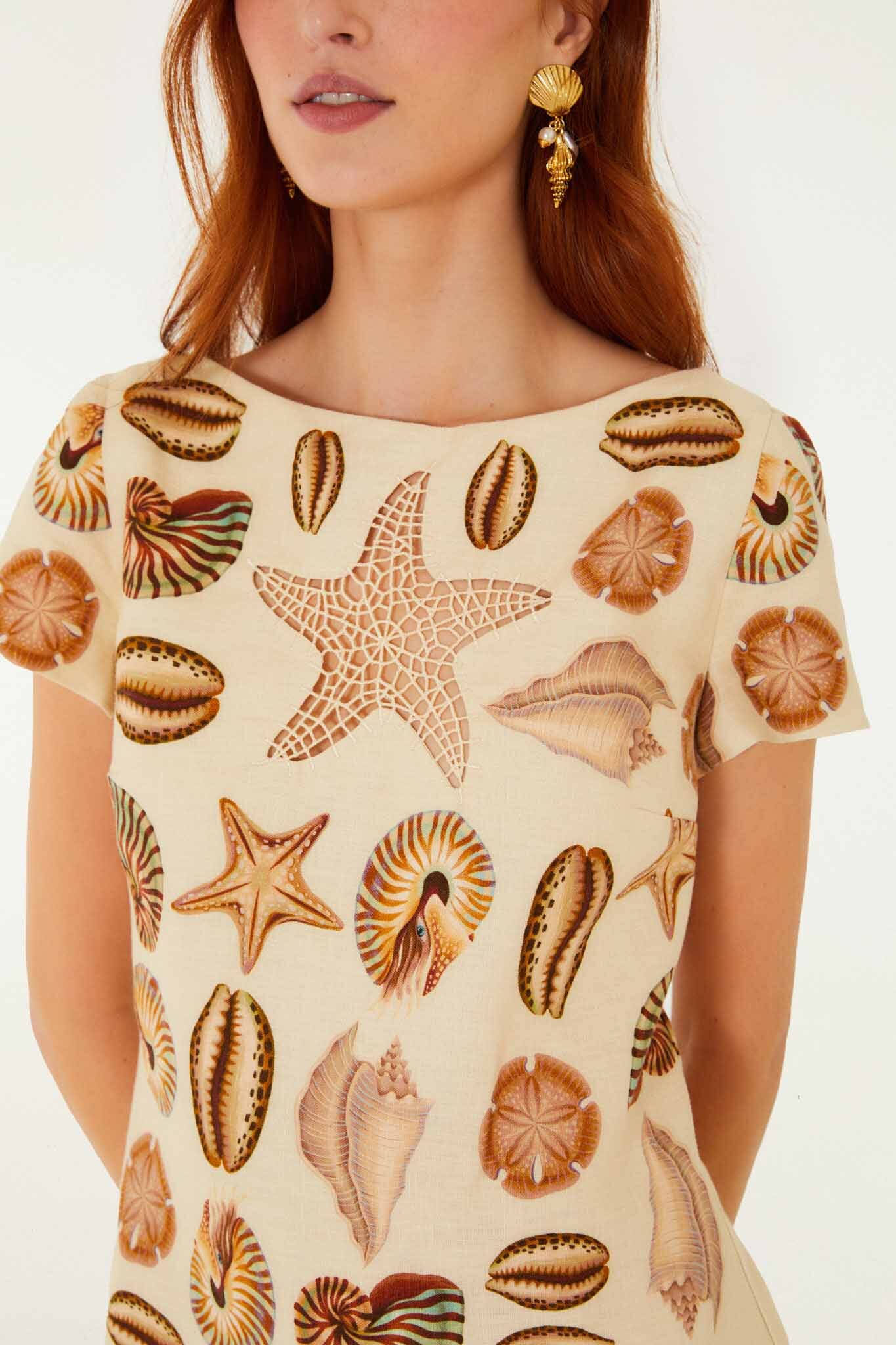 farm rio seashell tapestry short-sleeve mini dress Farm Rio Seashell Tapestry Short-Sleeve Mini Dress