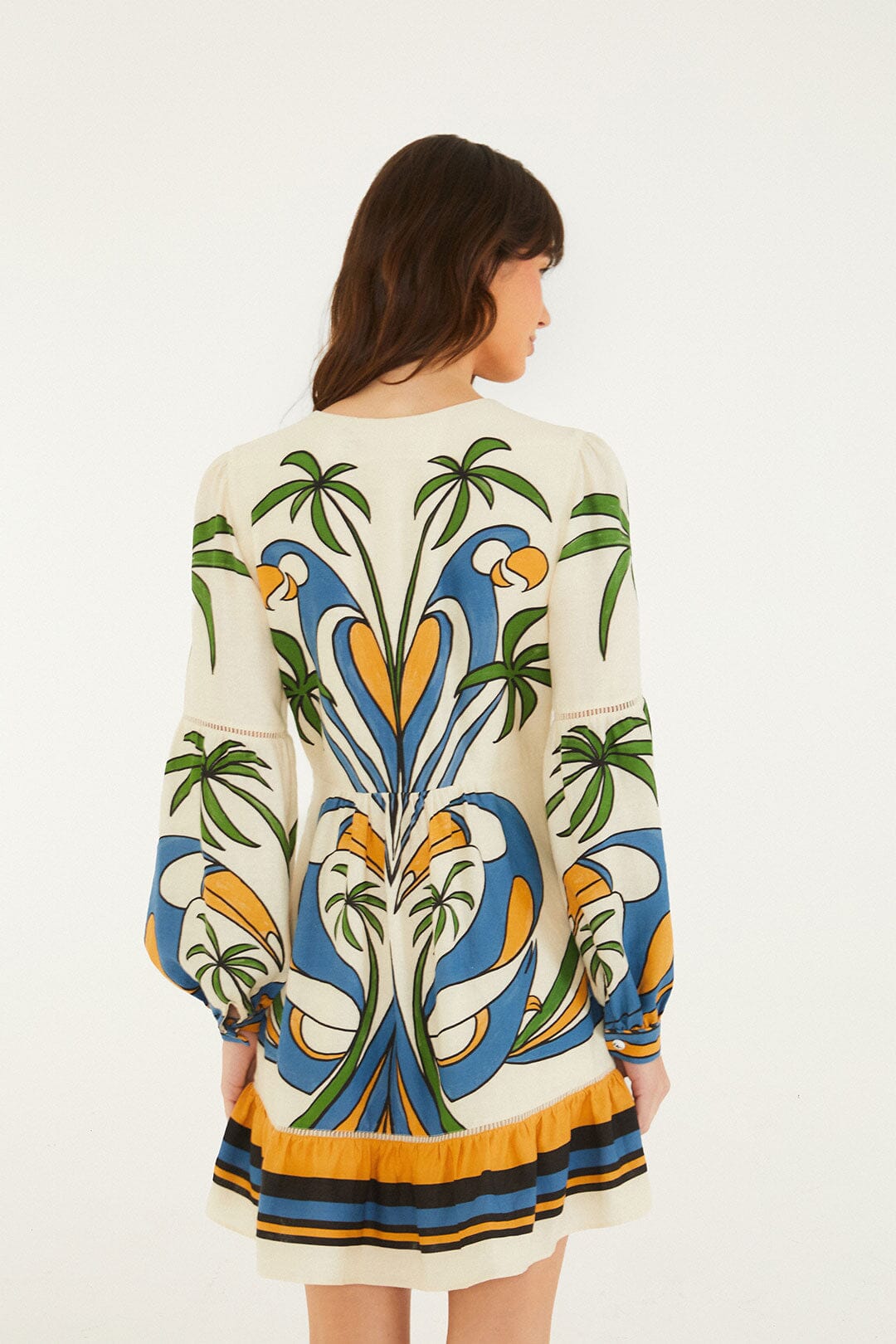 farm rio tropical gold blue short sleeve mini dress FARM Rio Tropical Gold Blue Short Sleeve Mini Dress