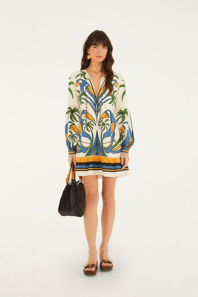 mini graphic dress Sand Tropical Graphic Lace Ruffled Mini Dress