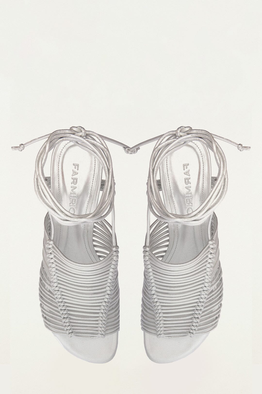 FARM Rio model wearing the Silver Macrame Heeled Sandal