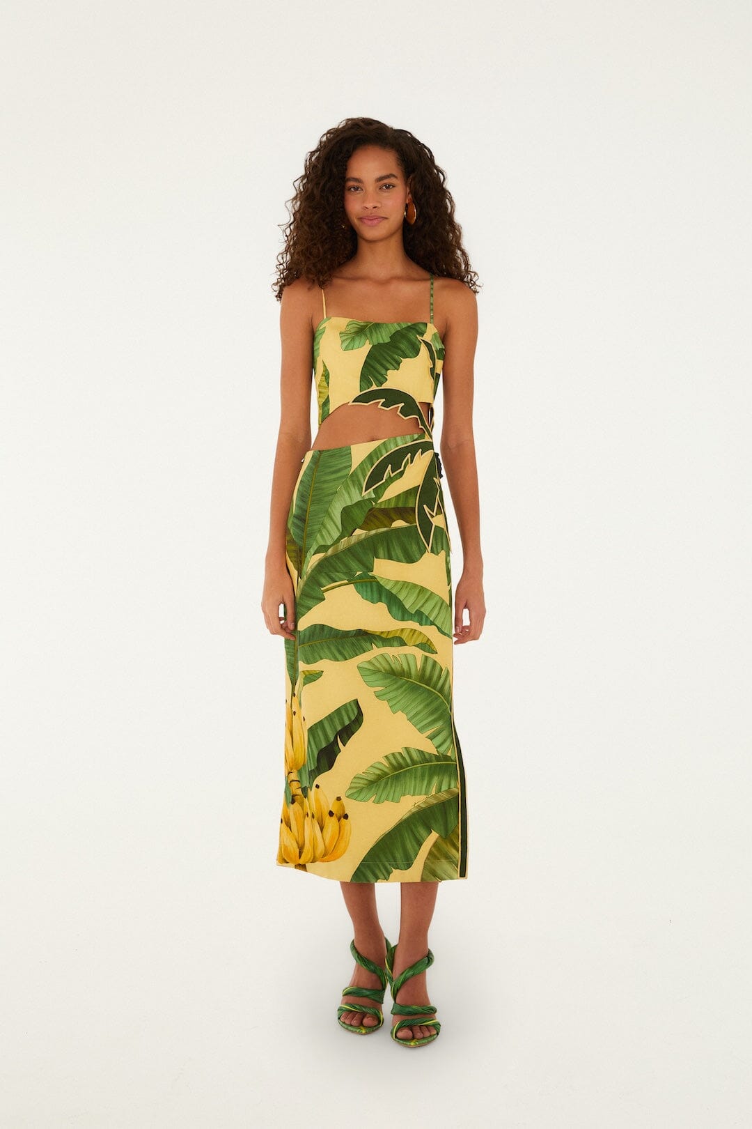 FARM Rio model wearing the Soft Yellow Banana Leaves Maxi Dress