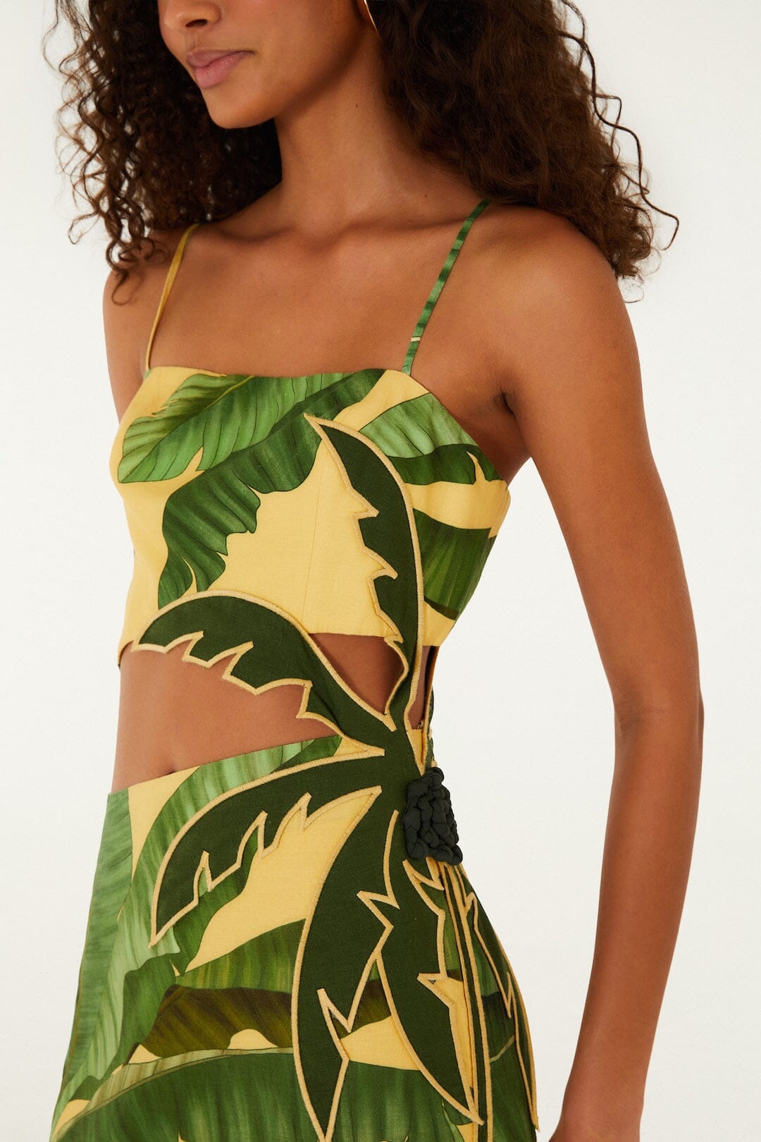 FARM Rio model wearing the Soft Yellow Banana Leaves Maxi Dress
