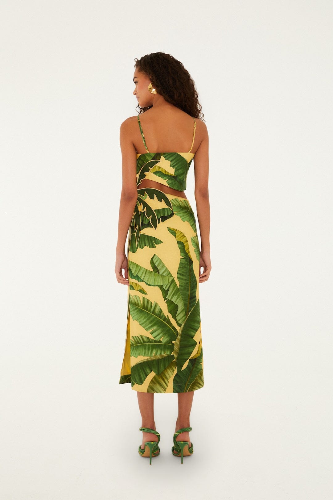 FARM Rio model wearing the Soft Yellow Banana Leaves Maxi Dress
