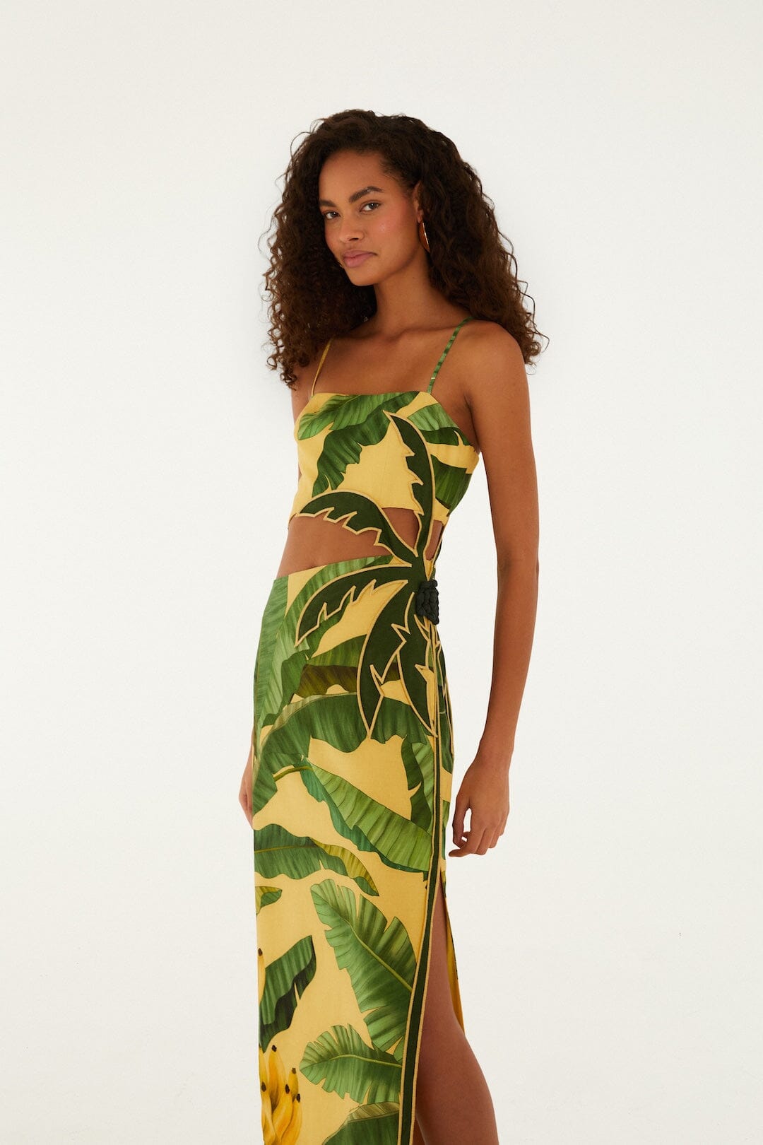 FARM Rio model wearing the Soft Yellow Banana Leaves Maxi Dress