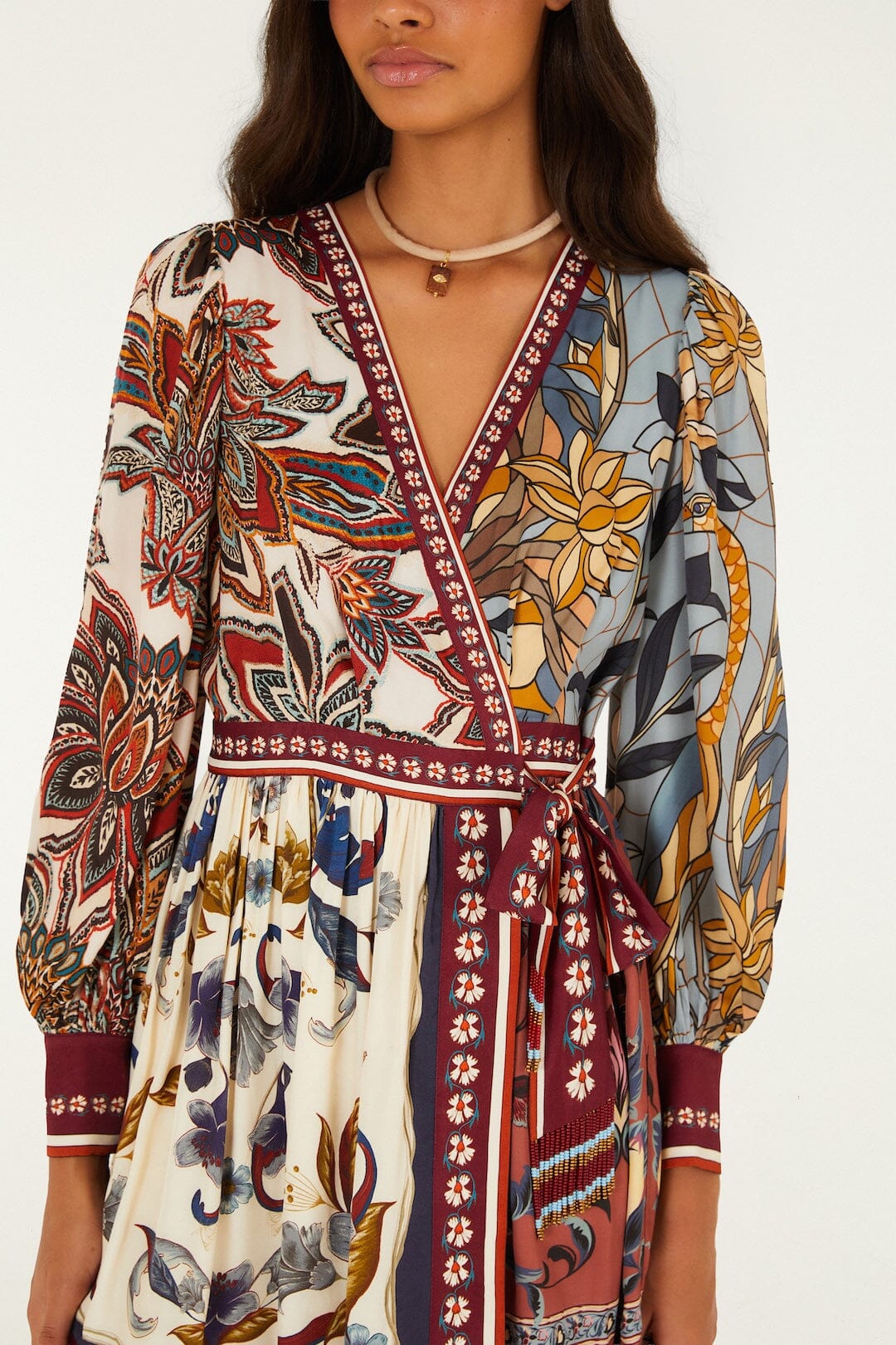 FARM Rio model wearing the Stained Glass Beauty Mixed Scarves Mini Dress