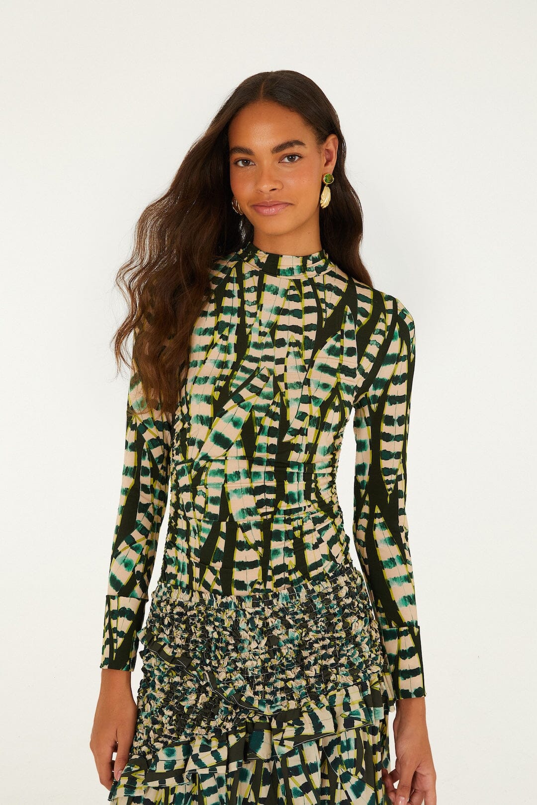 FARM Rio model wearing the Striped Leaves Long Sleeve Blouse